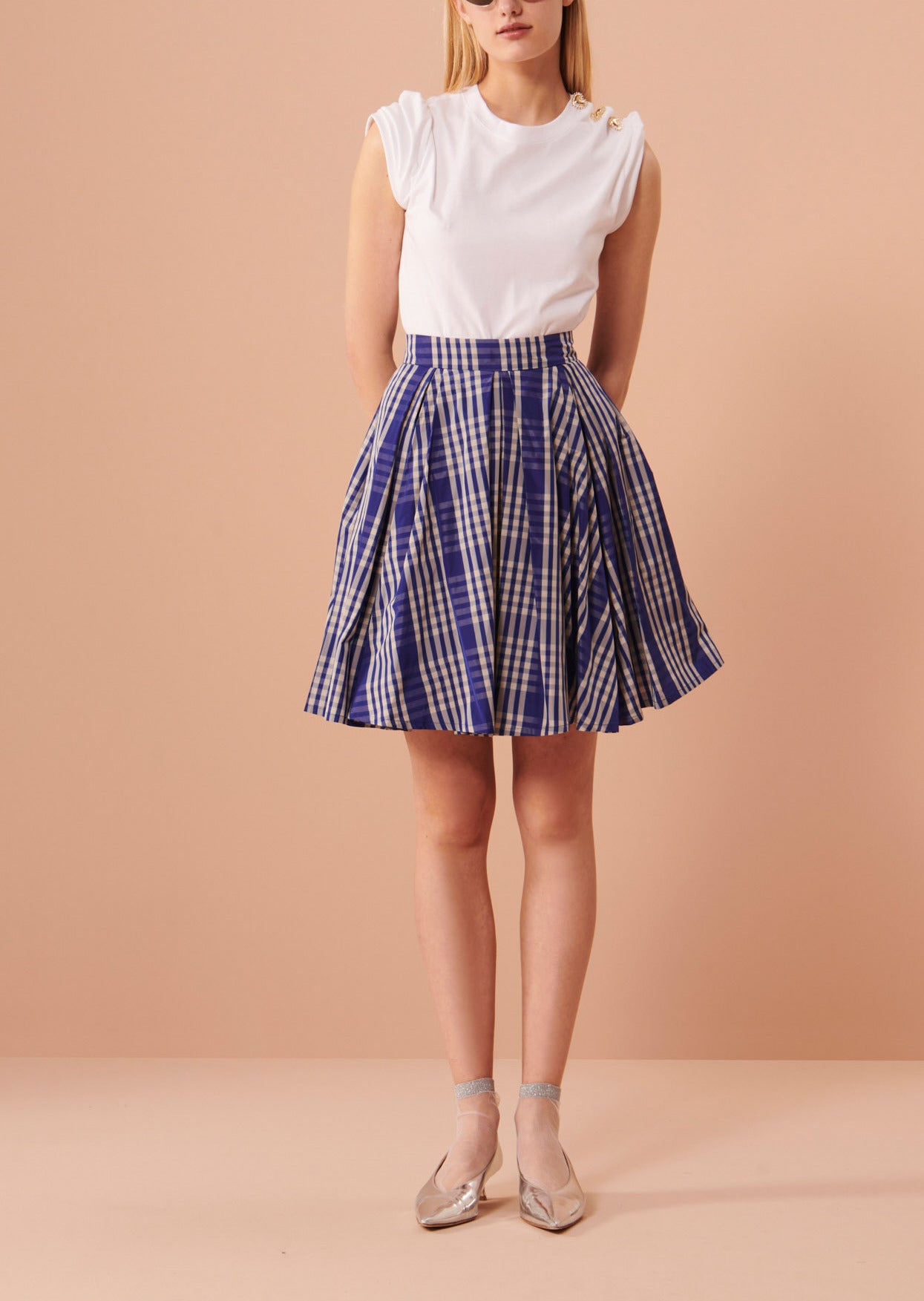 Jupe Jasper bleue en taffetas motif madras Faume - seconde main