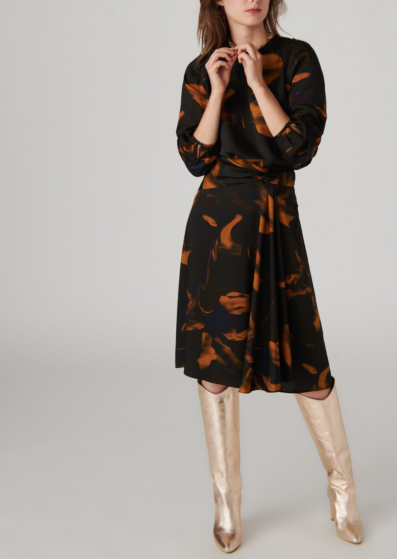 Jupe drapée Jamie kaki imprimé ondes sur twill Faume - seconde main