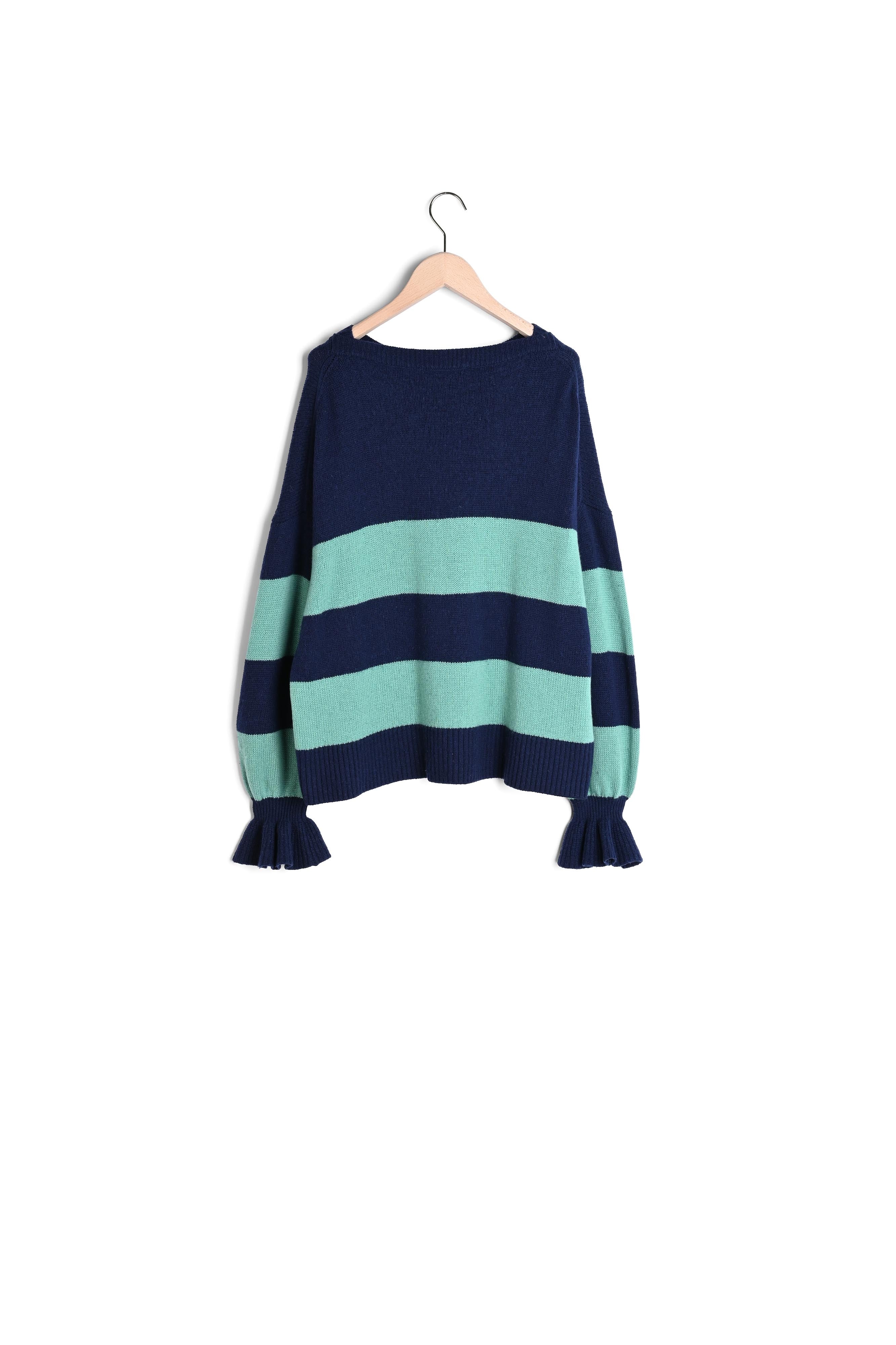 Pull Parme bleu marine rayé vert en merinos et cachemire Faume - seconde main