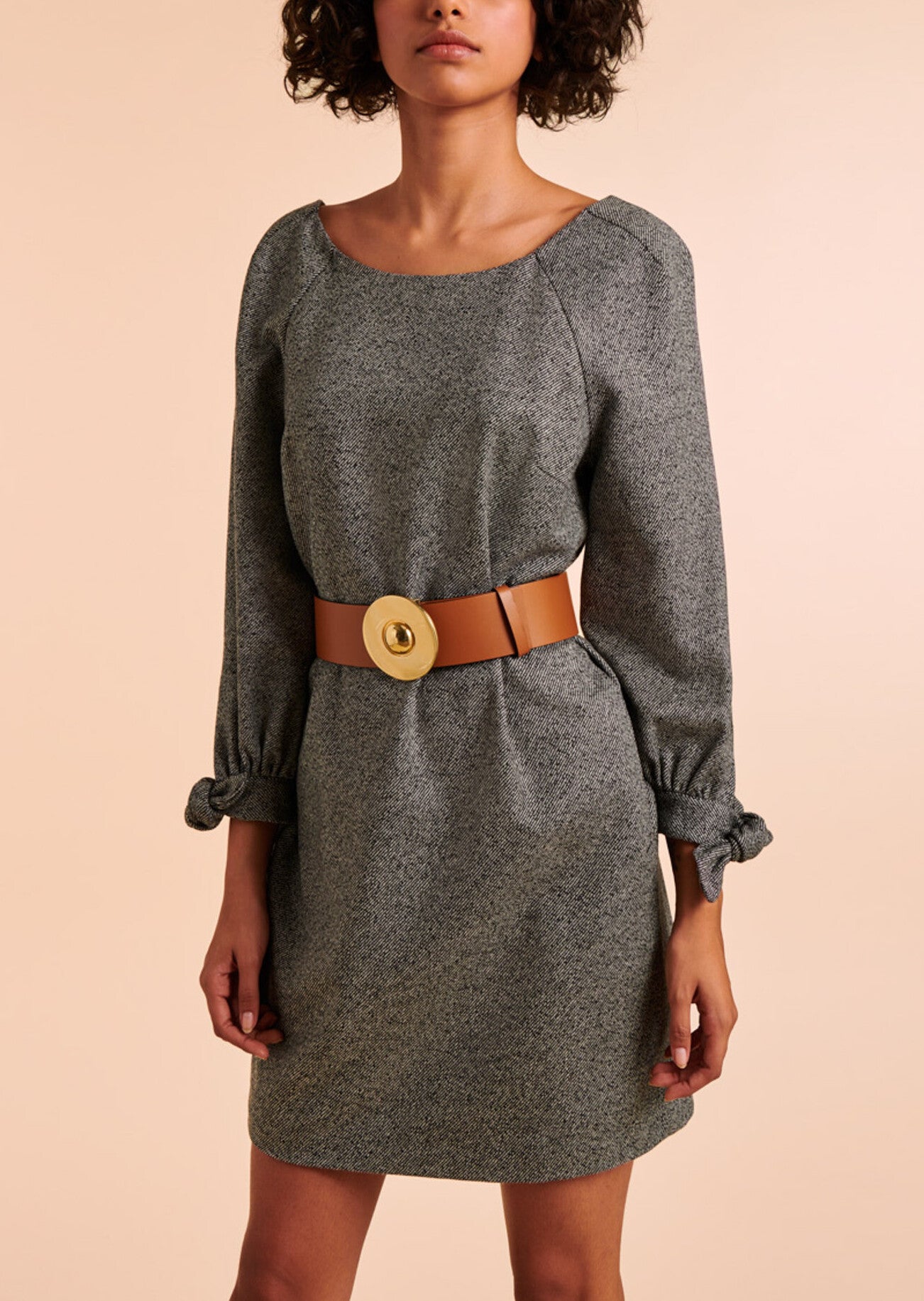 Robe tunique Rina gris chiné nouée aux manches en lainage gabardine Faume - seconde main