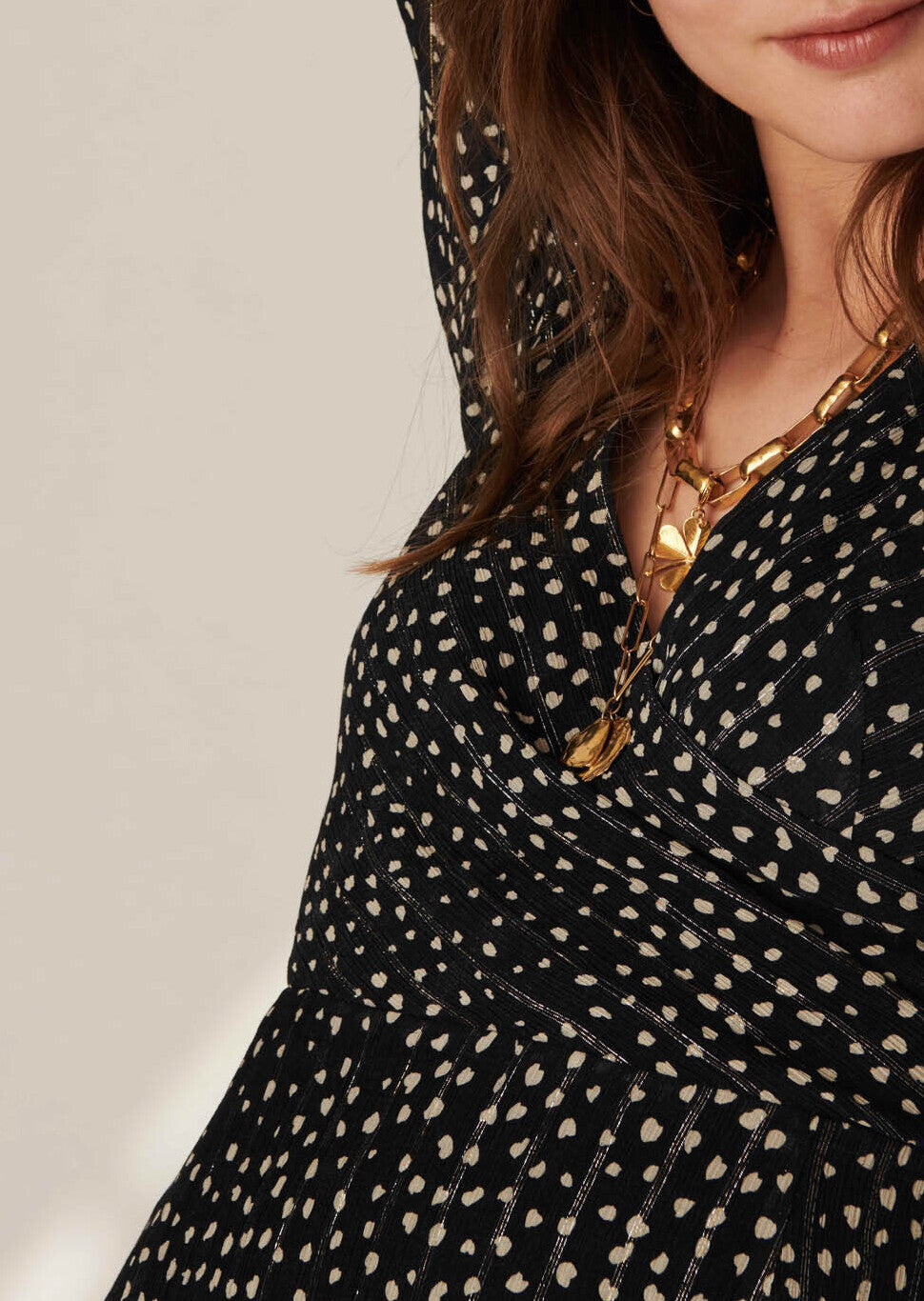 Robe Rayane esprit cache-coeur imprimé pois coeurs sur viscose crépon lurex noire Faume - seconde main