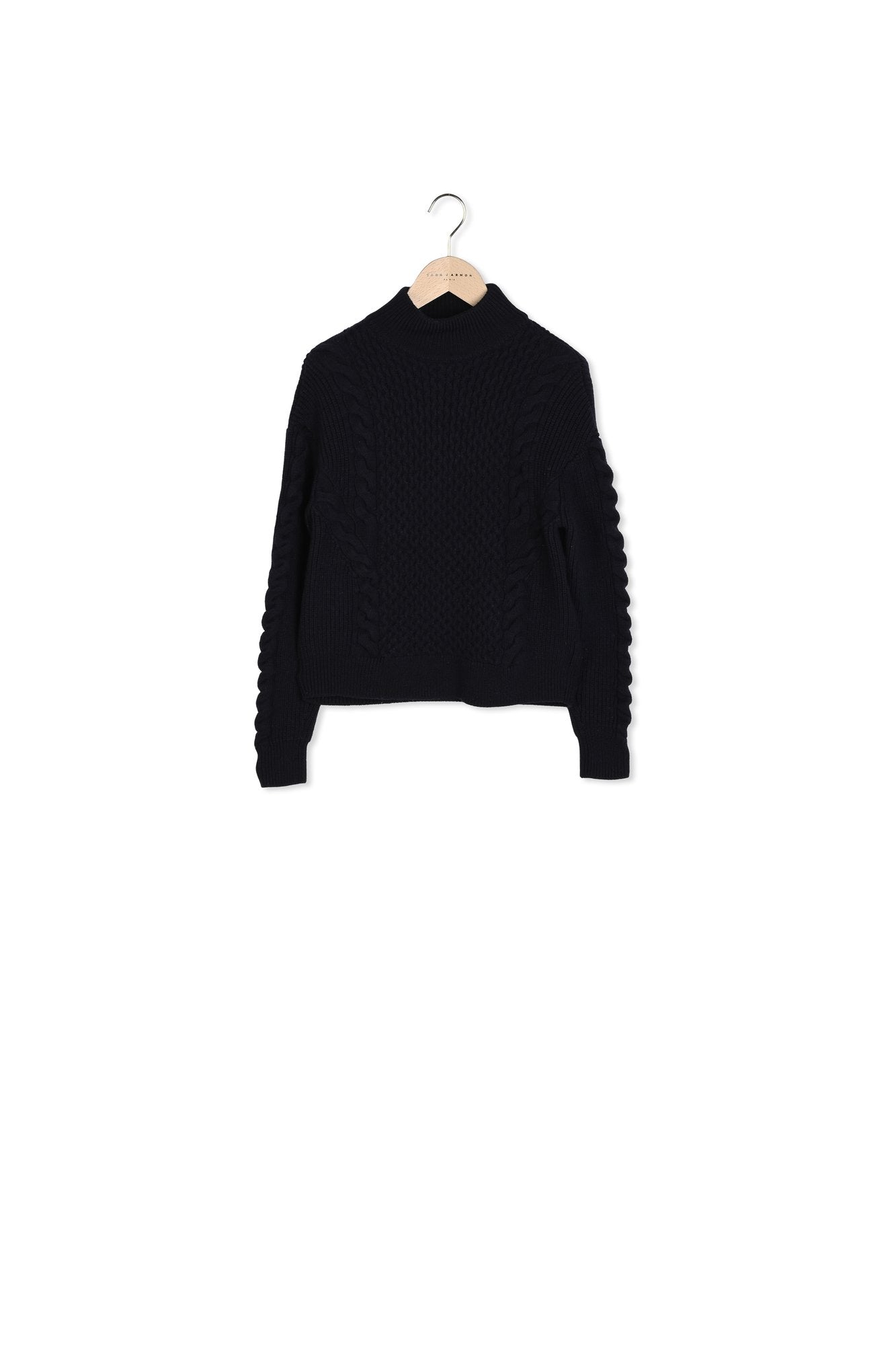 Pull Naoko col roulé bleu nuit en maille mérinos à torsades et tricotage fantaisies Faume - seconde main