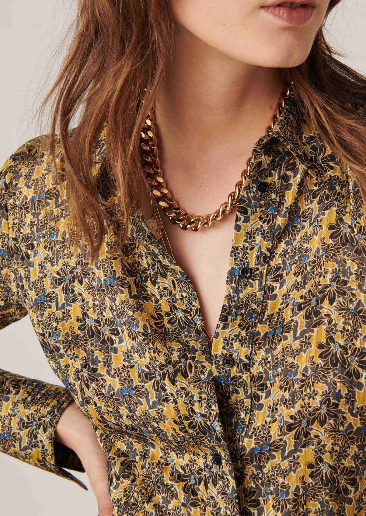 Robe chemise mi-longue Ribel en viscose lurex imprimé jardin d'hiver mordorée Faume - seconde main