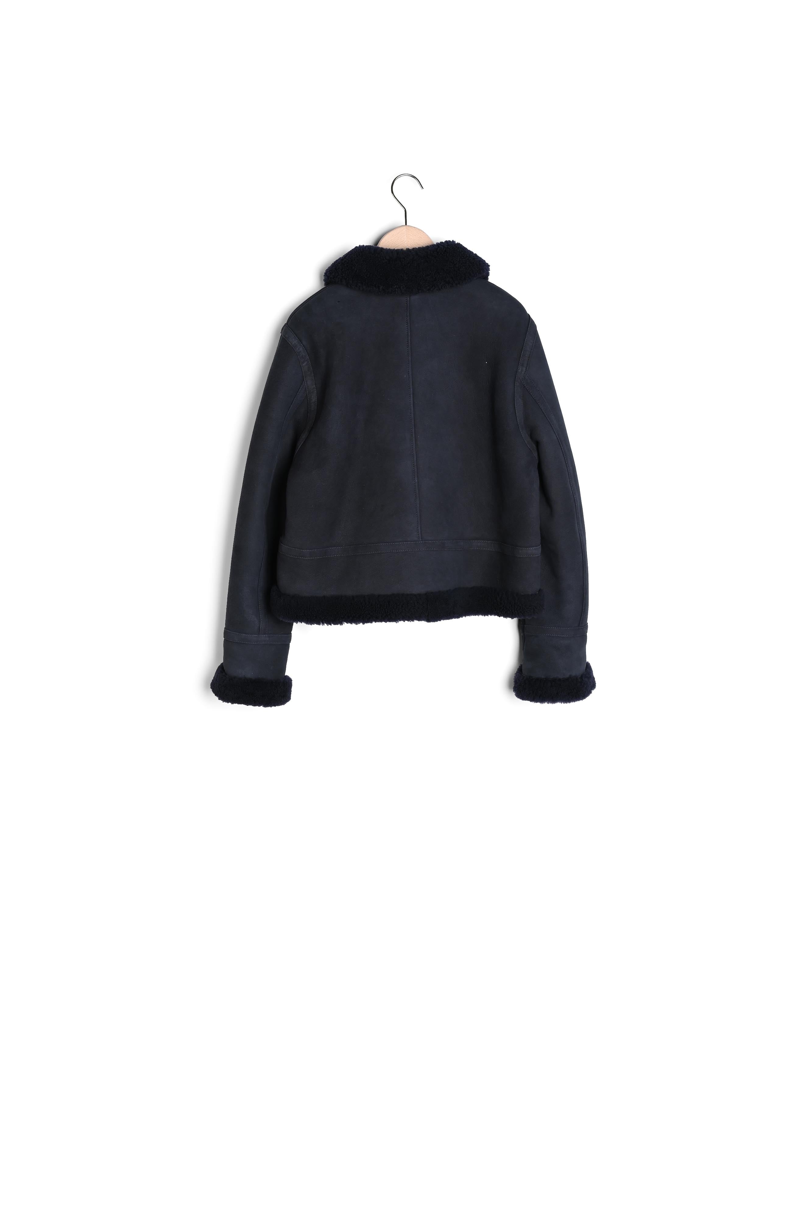 Blouson Bikie bleu marine en peau lainée Faume - seconde main