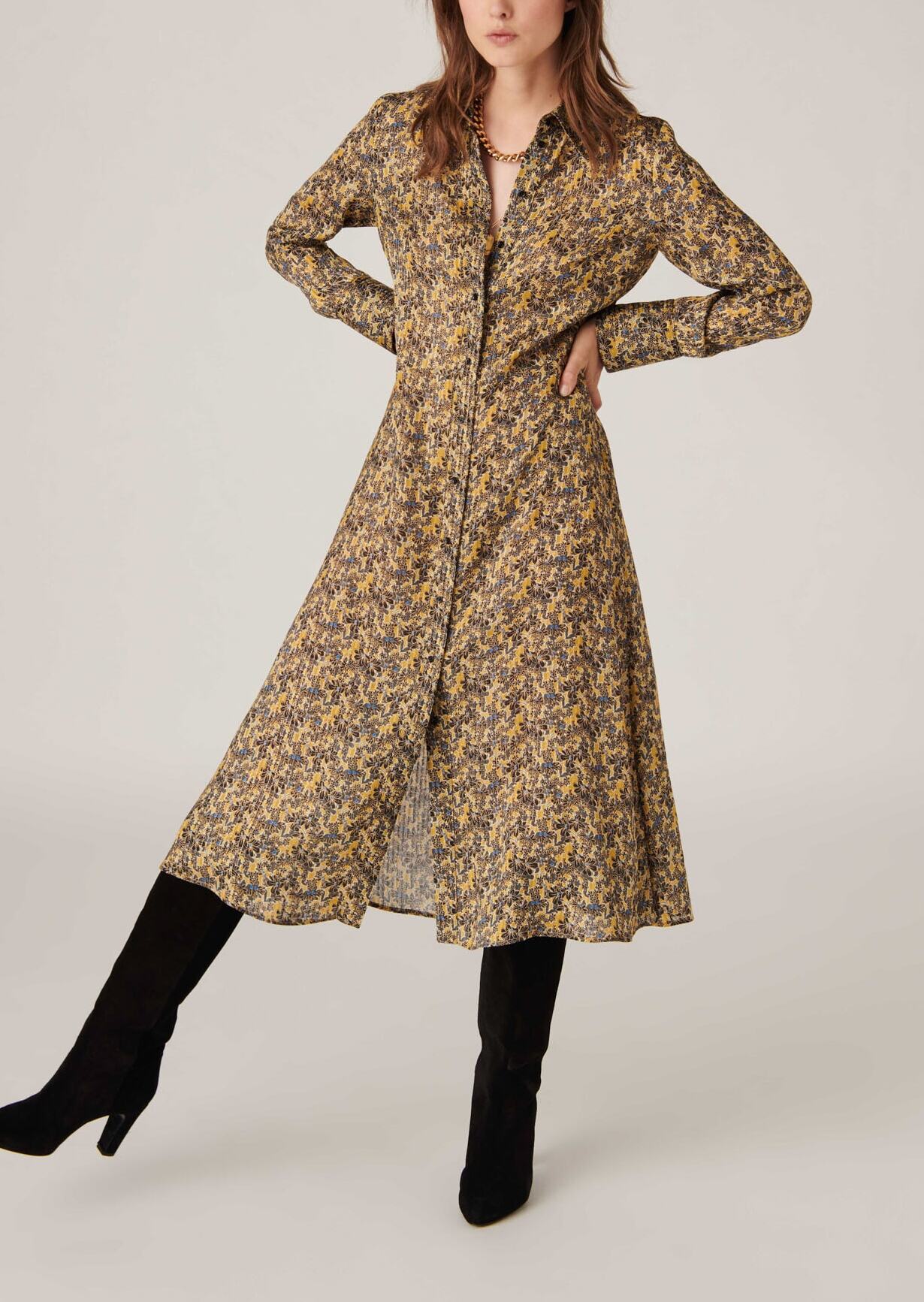 Robe chemise mi-longue Ribel en viscose lurex imprimé jardin d'hiver mordorée Faume - seconde main