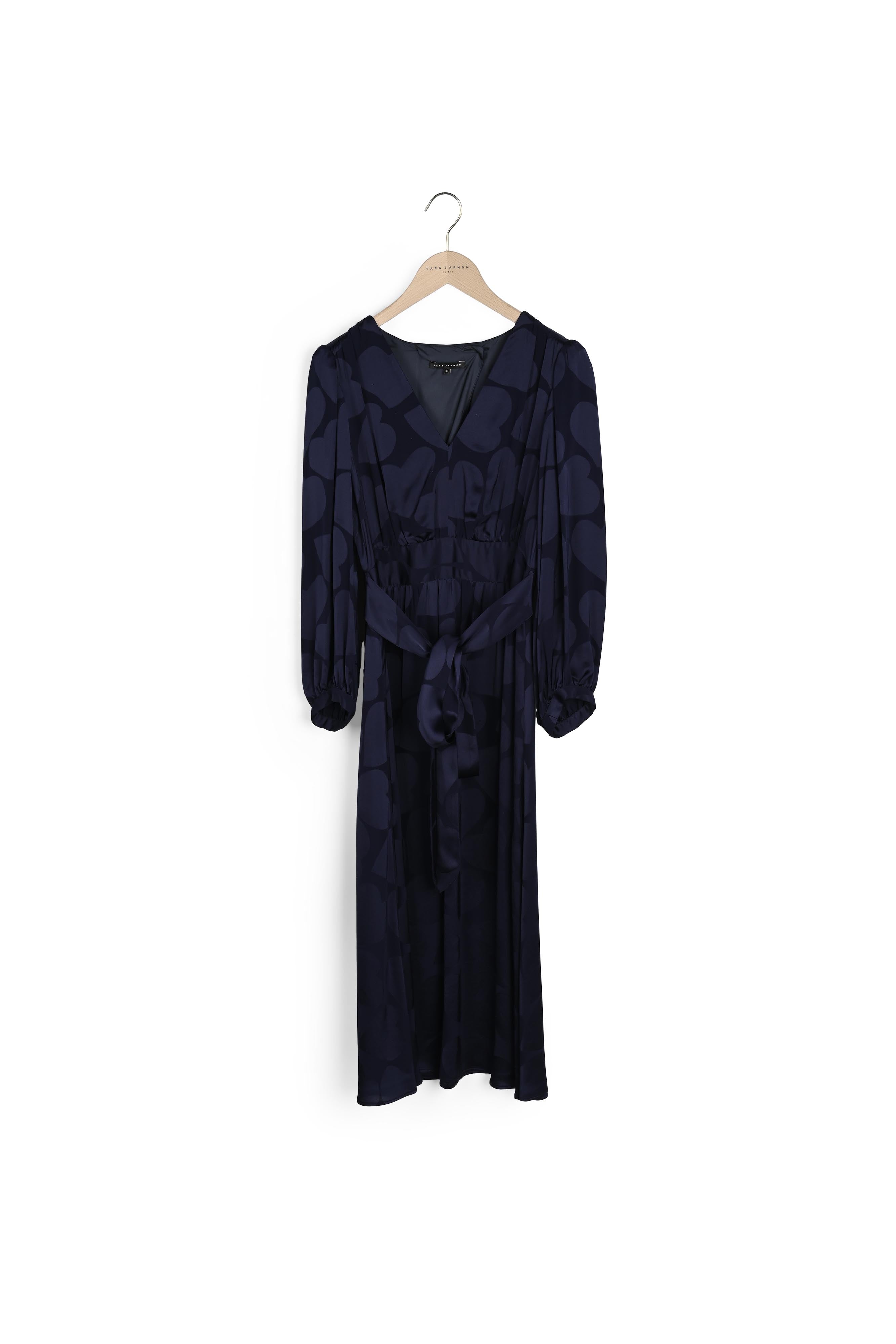 Robe Rémie mi-longue bleu nuit en viscose satinée imprimé coeurs Faume - seconde main