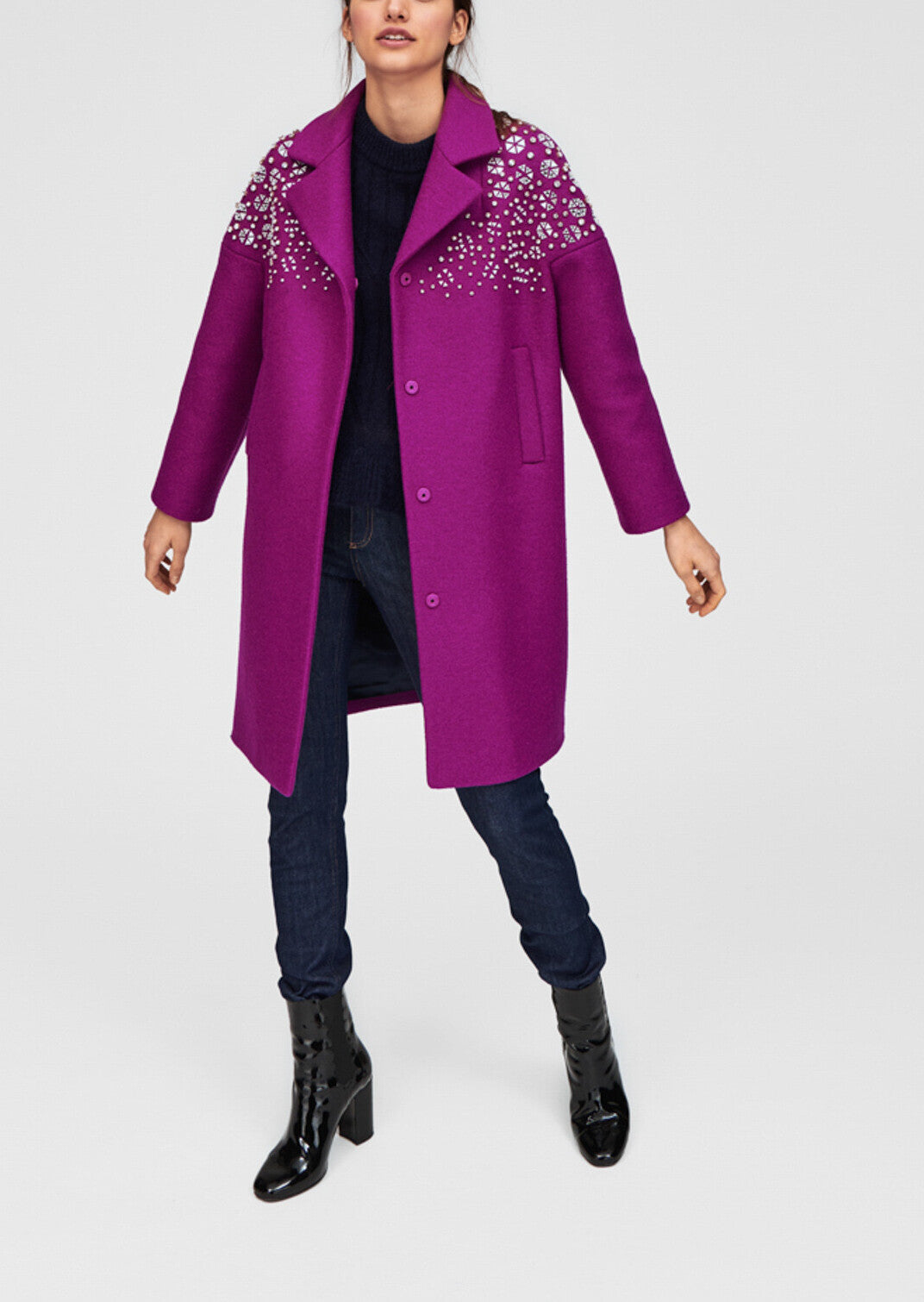 Manteau mi-long mauve brodé bijoux Faume - seconde main