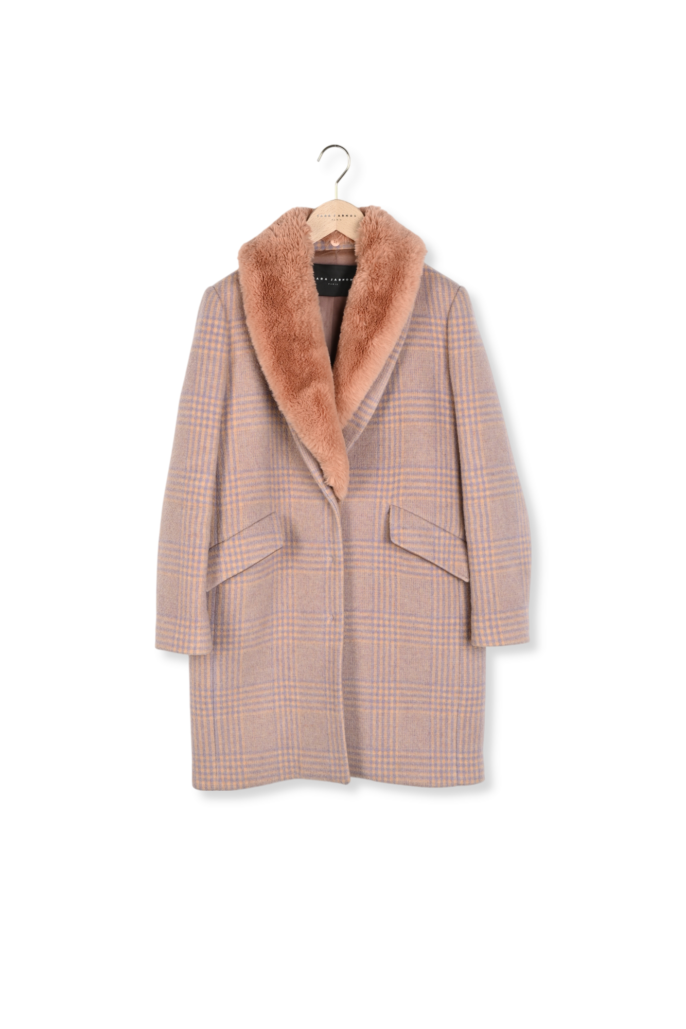 Manteau vieux rose en tartan et col en fausse fourrure Faume - seconde main