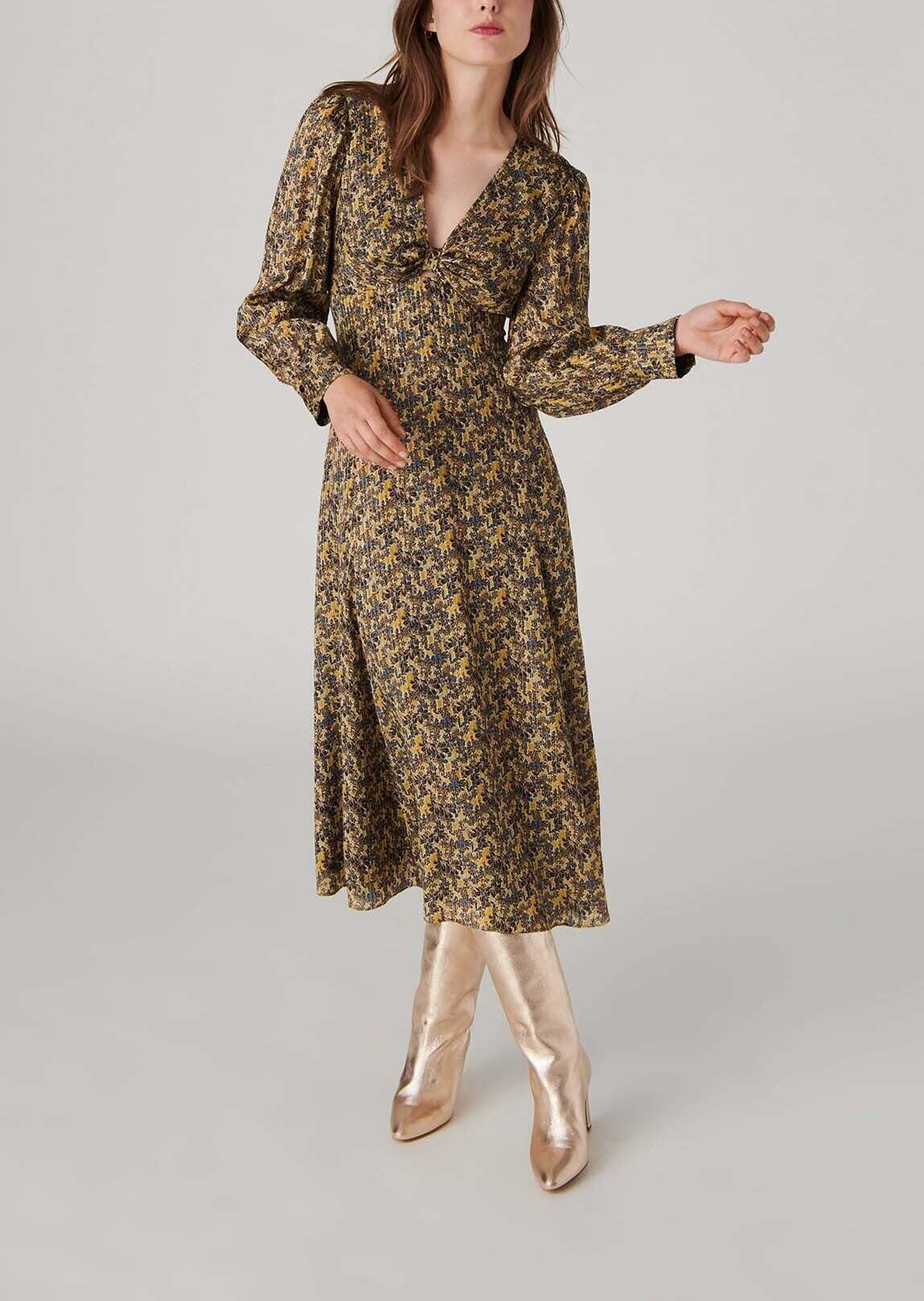 Robe Raiane en viscose lurex imprimé jardin d'hiver mordorée Faume - seconde main