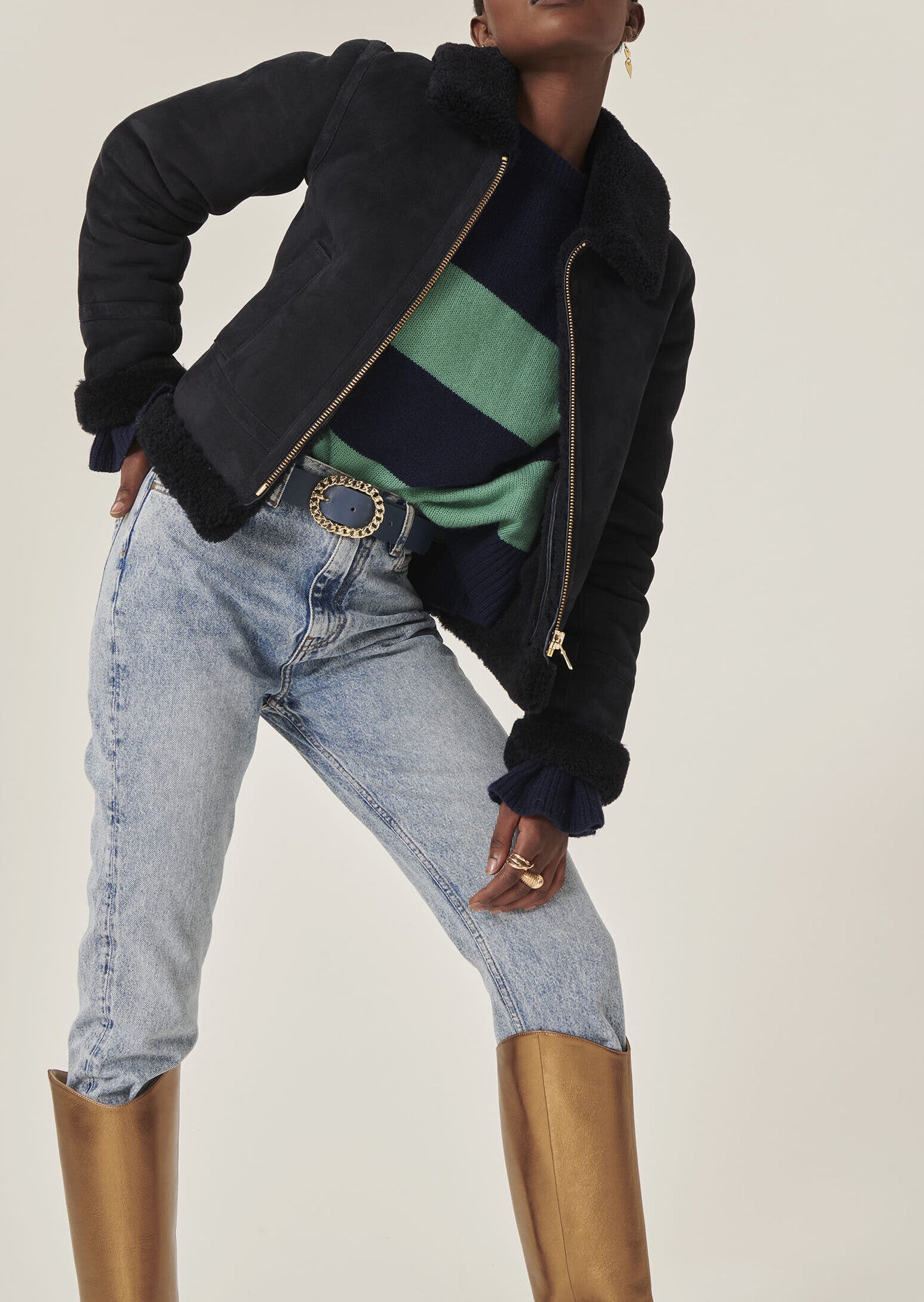 Blouson Bikie bleu marine en peau lainée Faume - seconde main