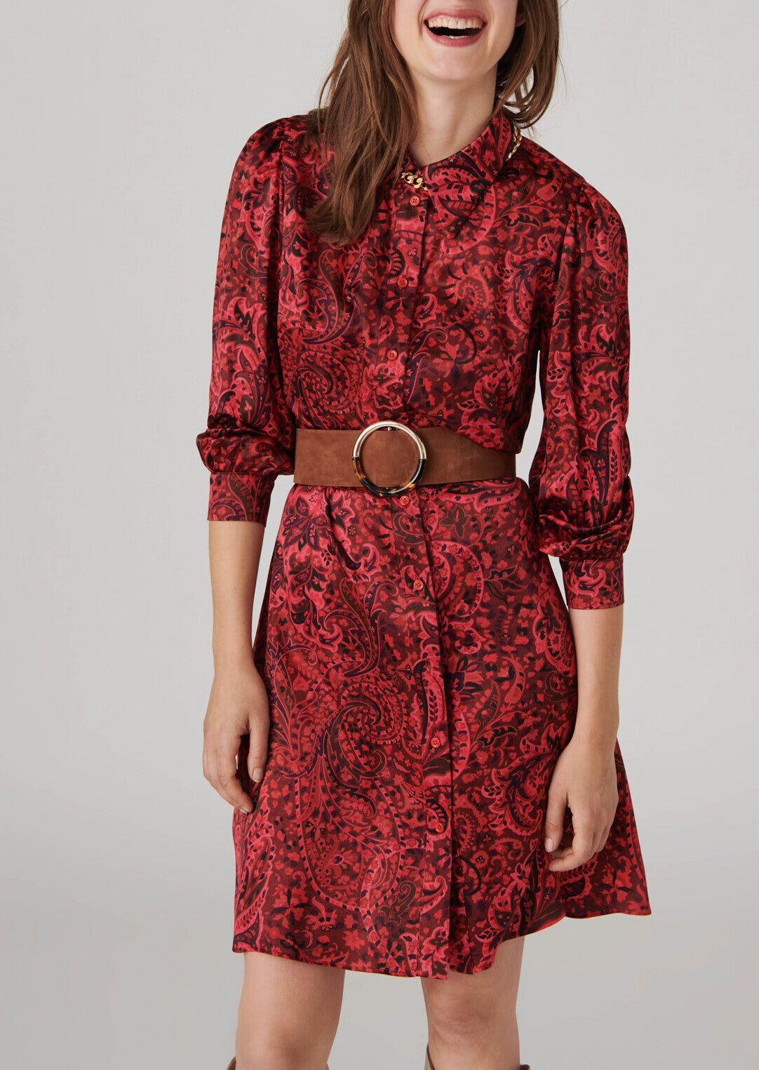 Robe chemise Rolia rouge imprimé cachemire en satin viscose de soie Faume - seconde main