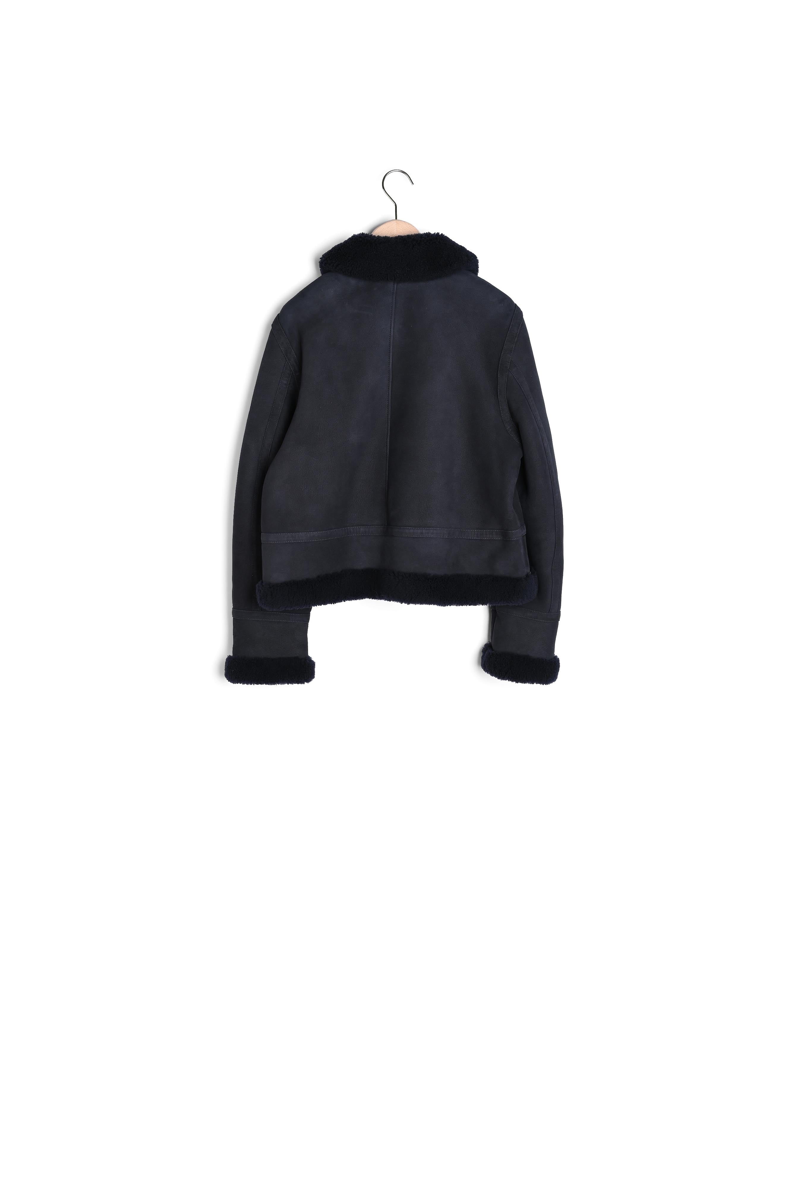 Blouson Bikie bleu marine en peau lainée Faume - seconde main