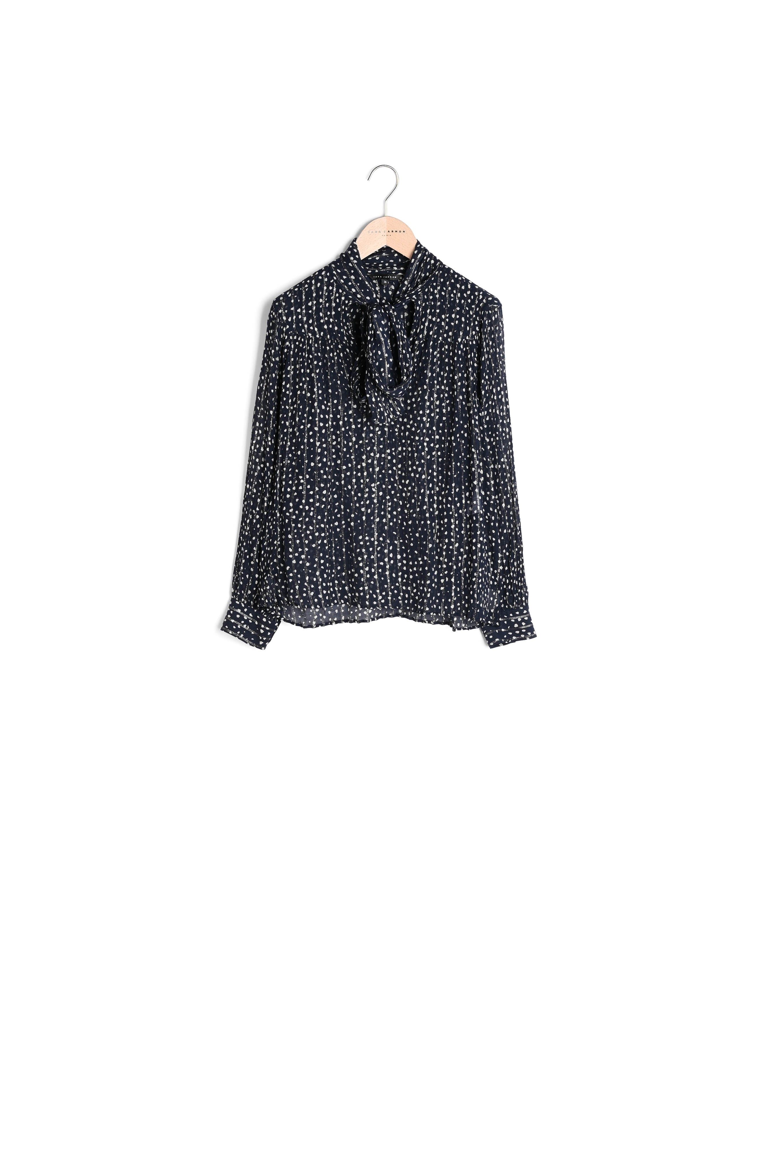 Blouse lavallière Titien imprimé pois coeurs sur viscose crépon lurex noire Faume - seconde main