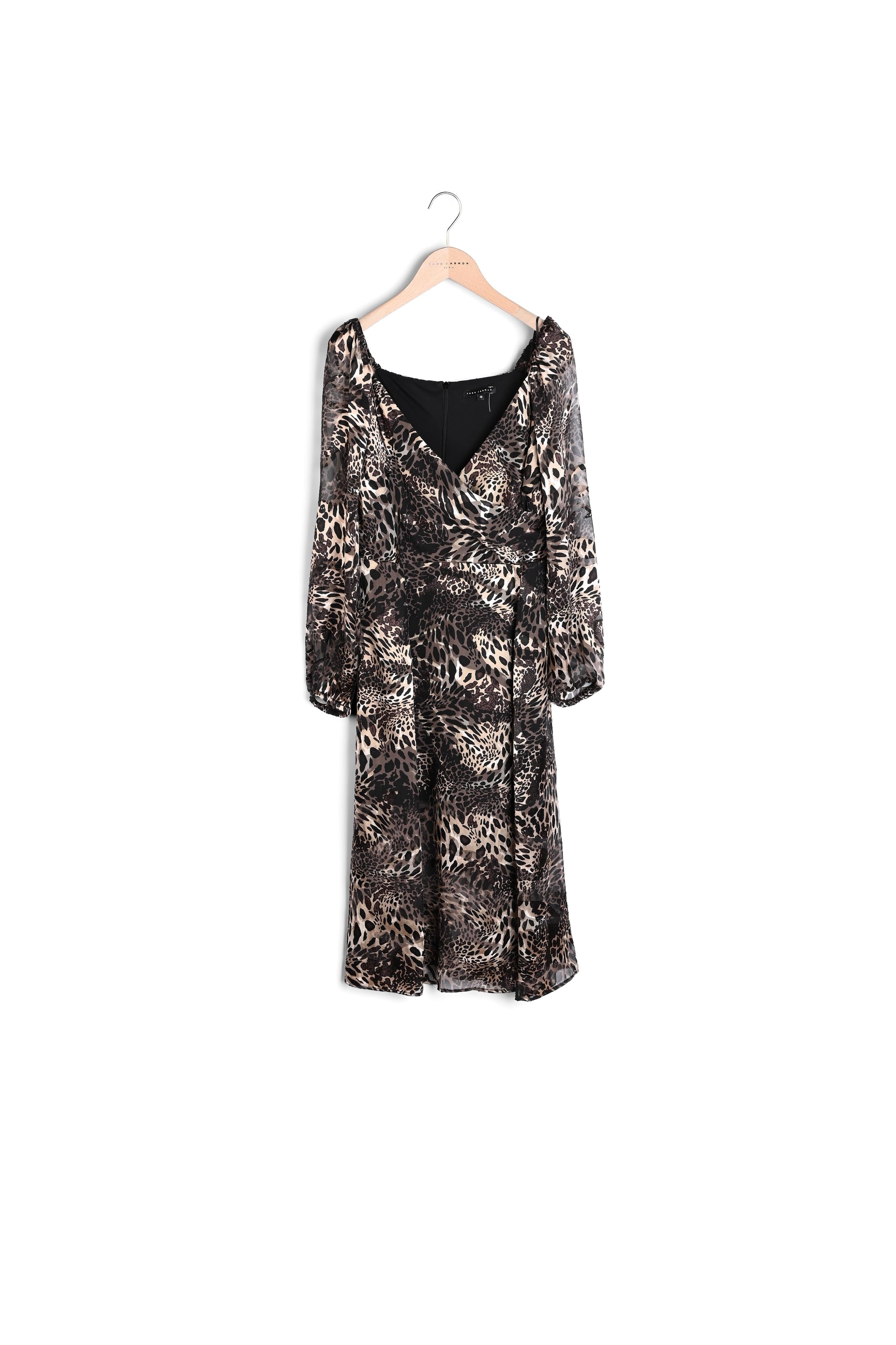 Robe Rayane esprit cache-coeur imprimé dévoré animal sur viscose de soie noire et sable Faume - seconde main