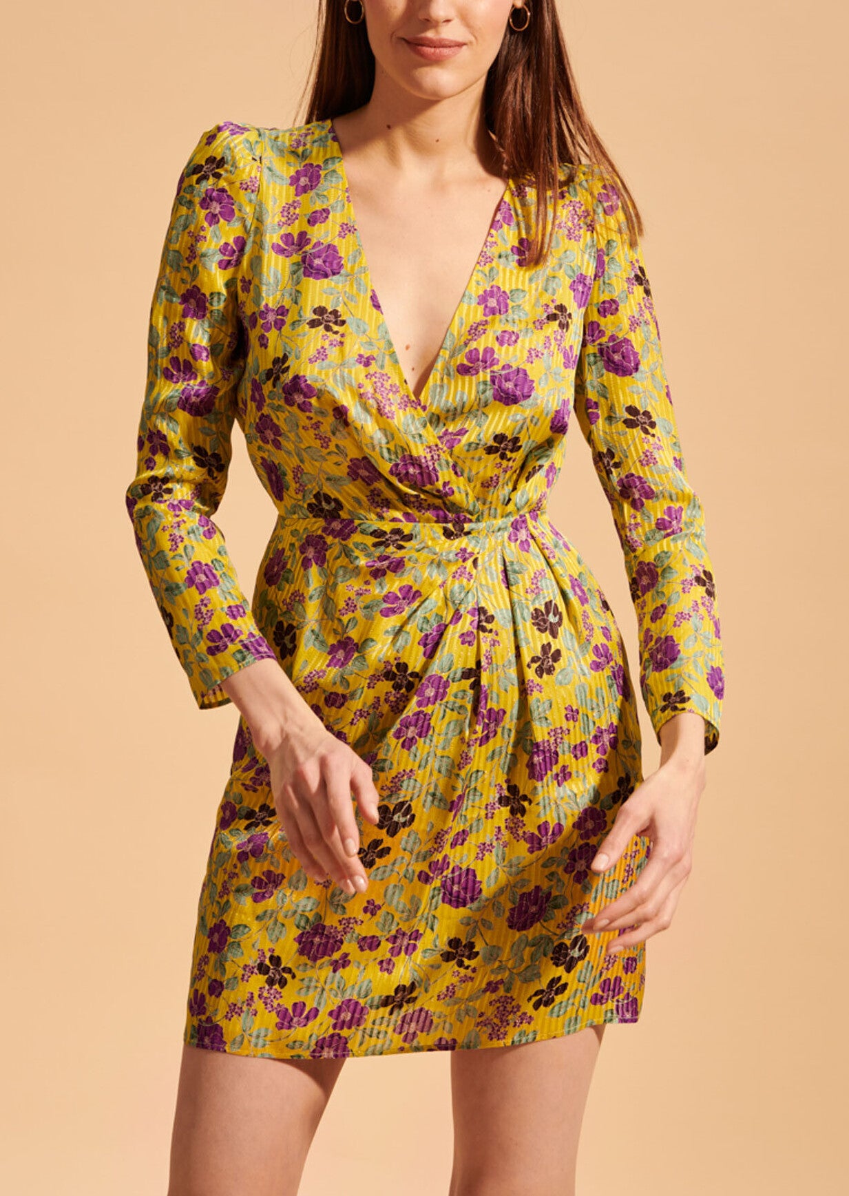 Robe courte Revelyne jaune imprimé fleurs lurex Faume - seconde main