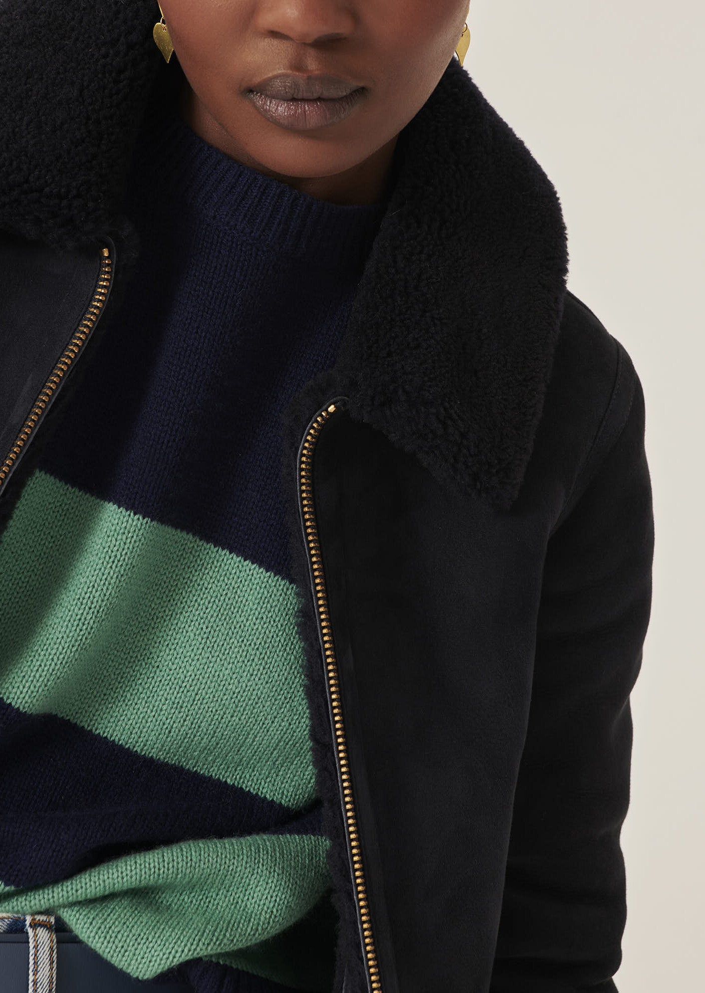 Blouson Bikie bleu marine en peau lainée Faume - seconde main