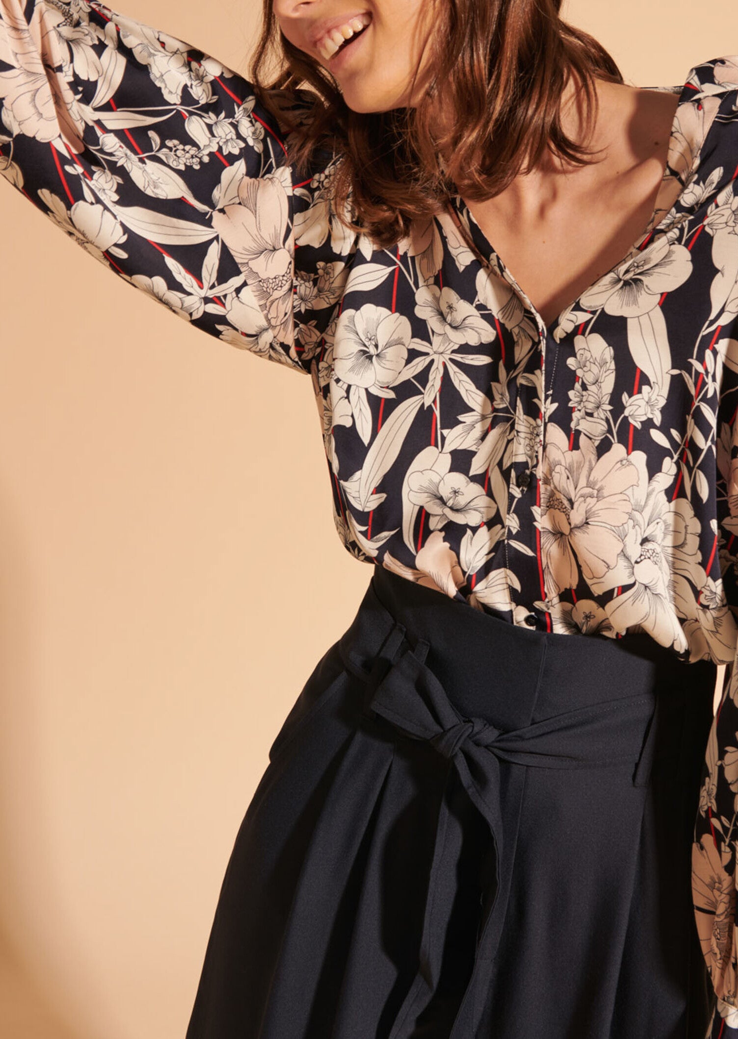 Chemisier Tim en viscose bleu nuit imprimé rayures et fleurs Faume - seconde main