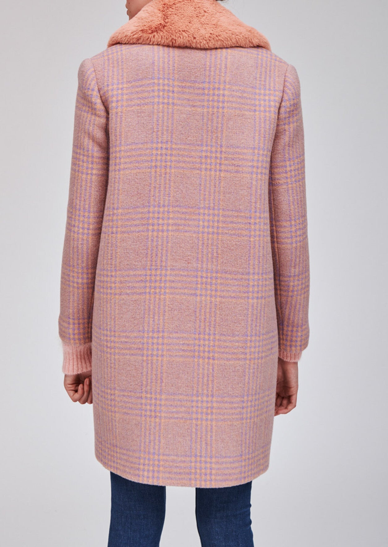 Manteau vieux rose en tartan et col en fausse fourrure Faume - seconde main