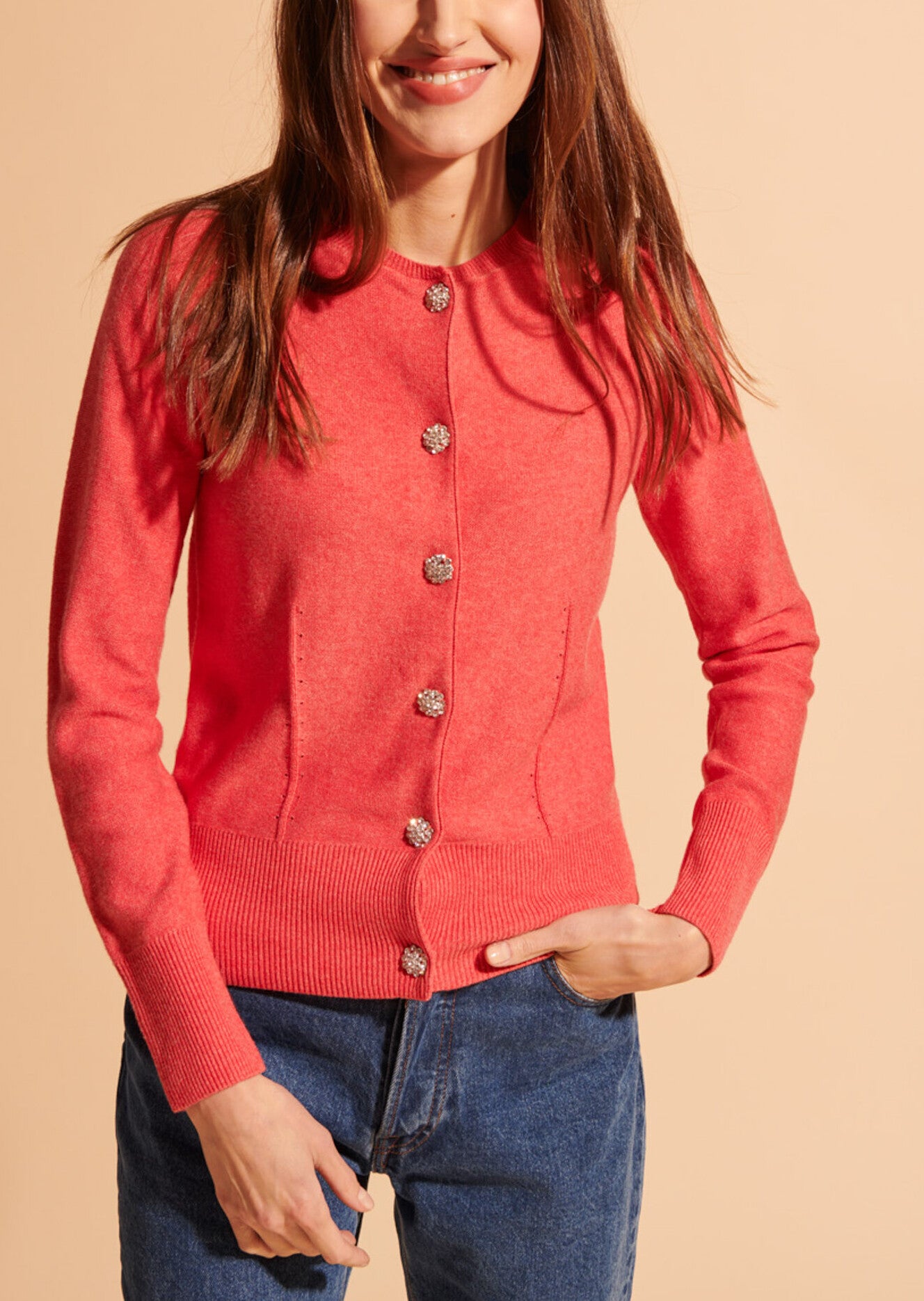 Cardigan Norah corail avec bouton bijoux en coton et cachemire Faume - seconde main