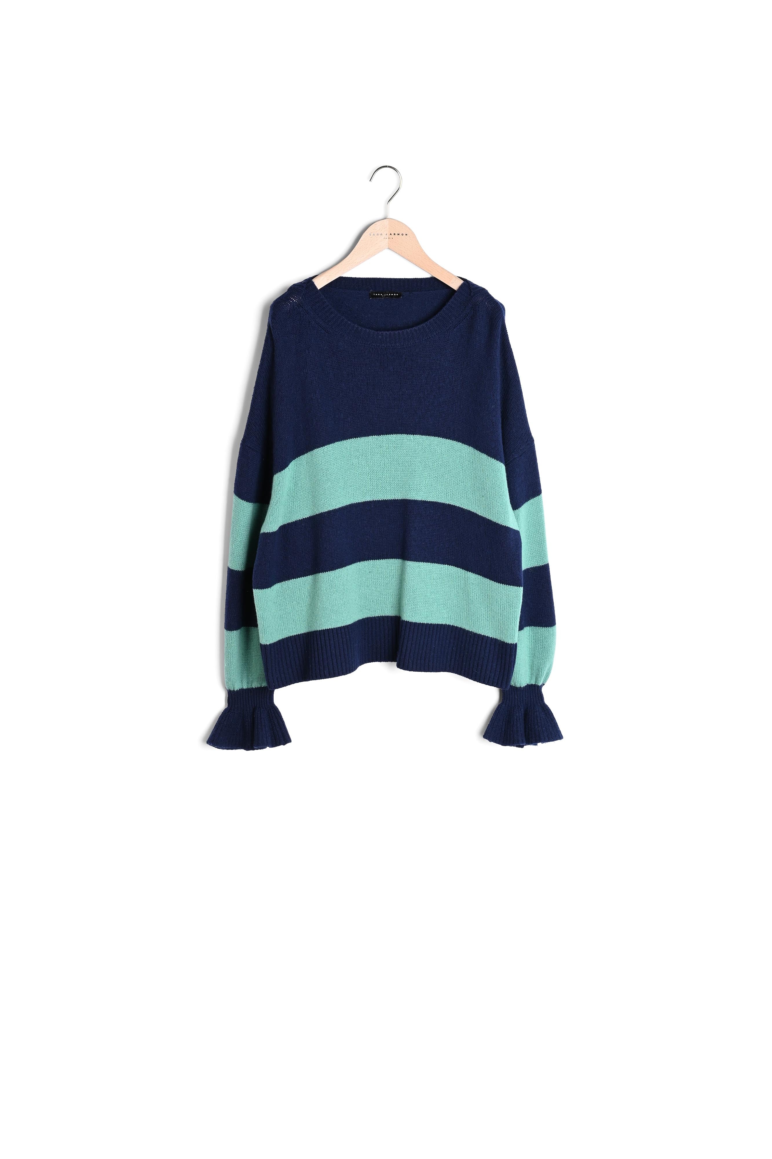 Pull Parme bleu marine rayé vert en merinos et cachemire Faume - seconde main