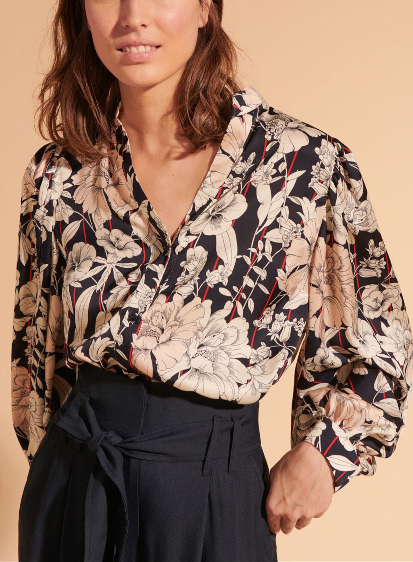 Chemisier Tim en viscose bleu nuit imprimé rayures et fleurs Faume - seconde main