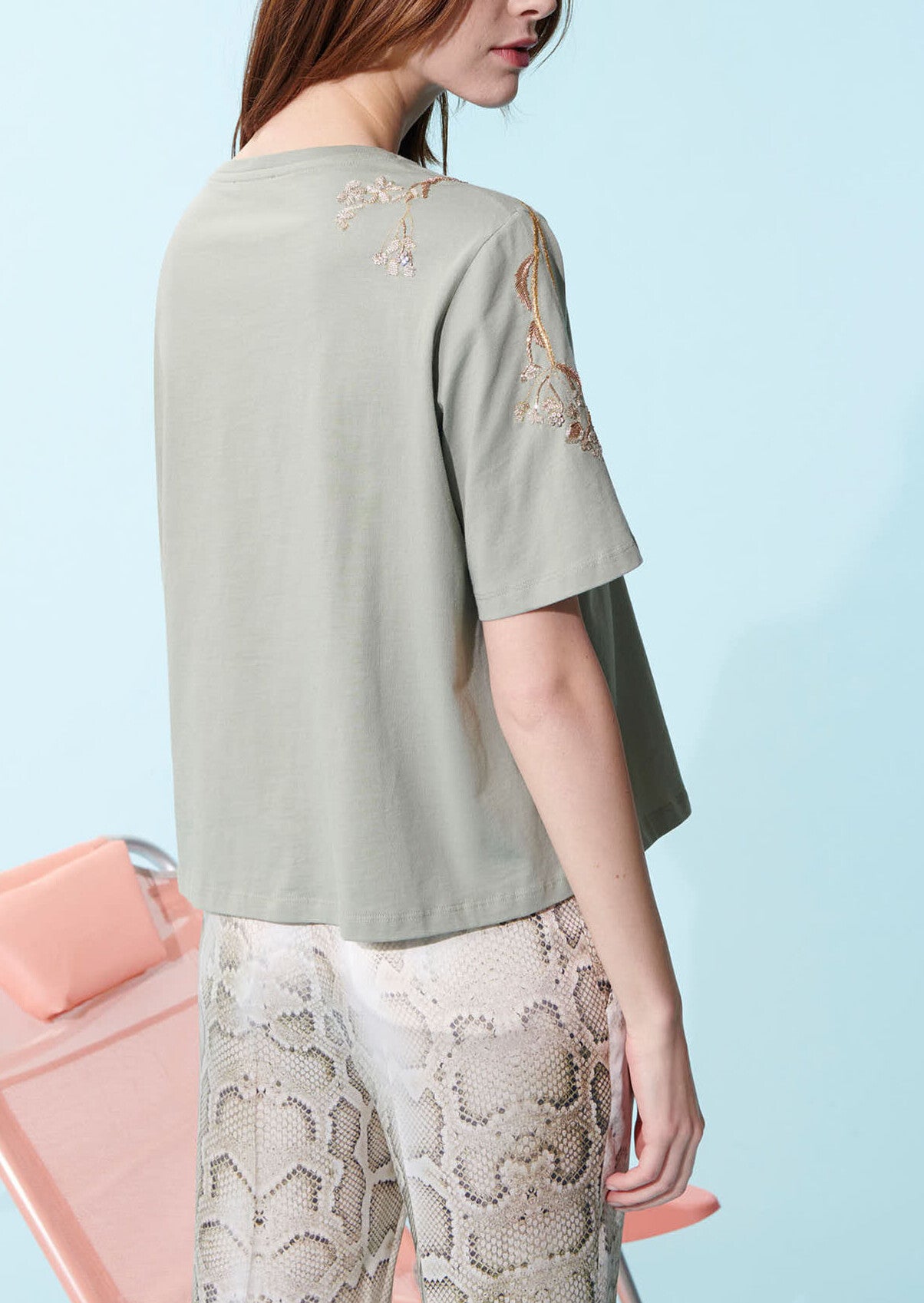 T-shirt Tresse vert pâle en coton brodé de perles Faume - seconde main