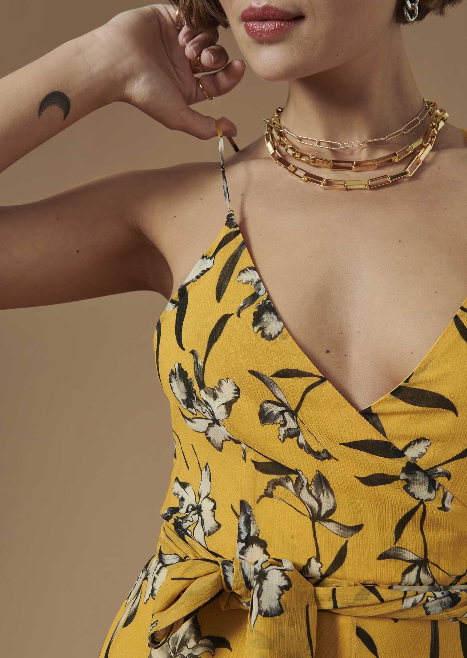 Robe Rivelyne jaune imprimé fleuri noir Faume - seconde main