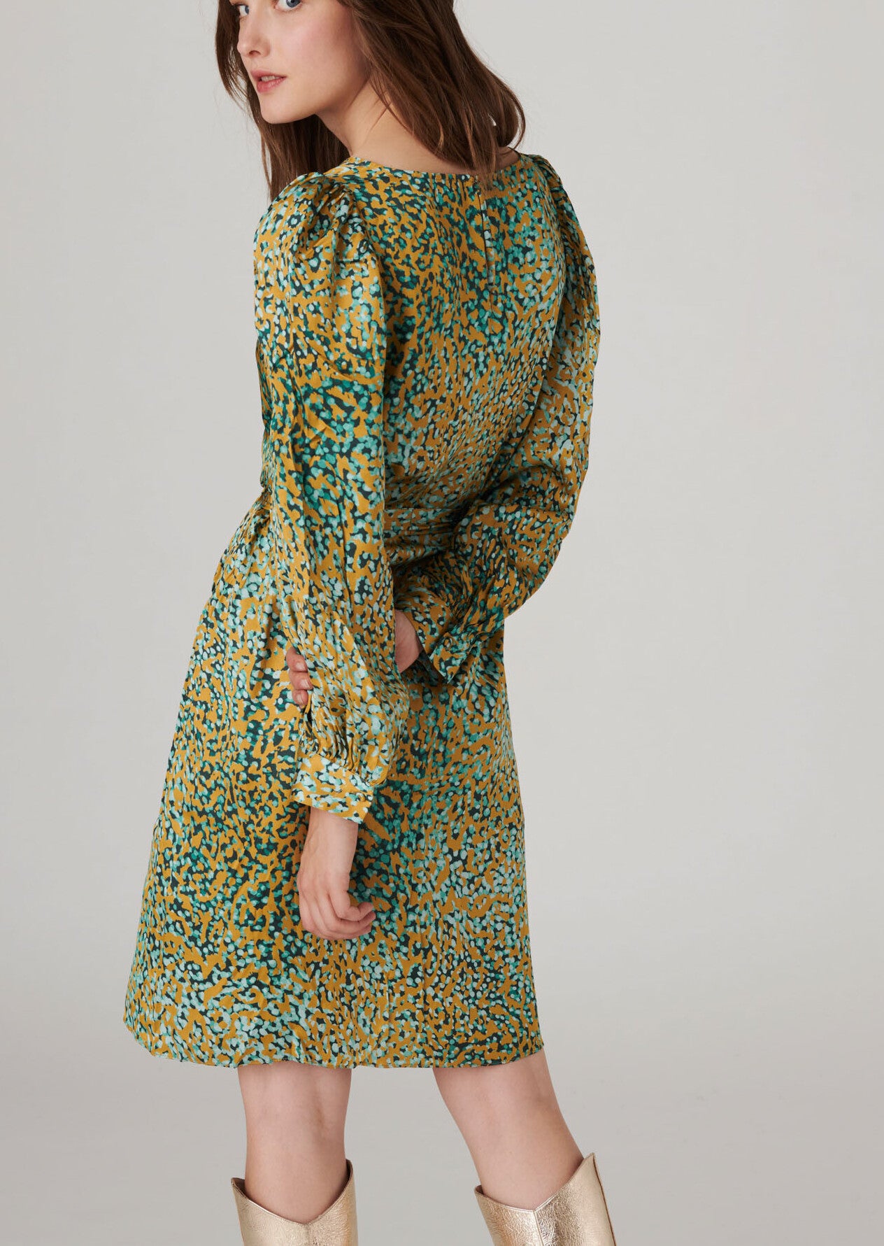 Robe Ribera imprimé aqua gold sur satin viscose Faume - seconde main