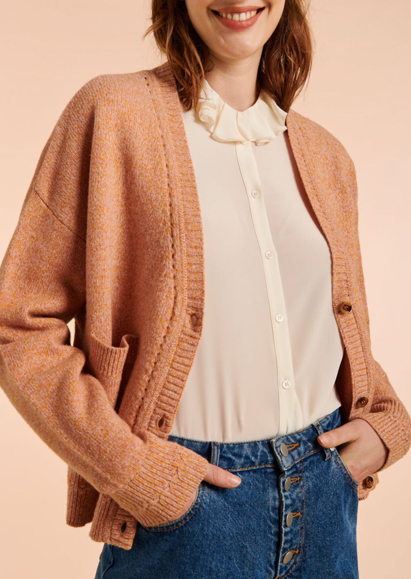 Cardigan oversize Nadia en maille rose tendre Faume - seconde main