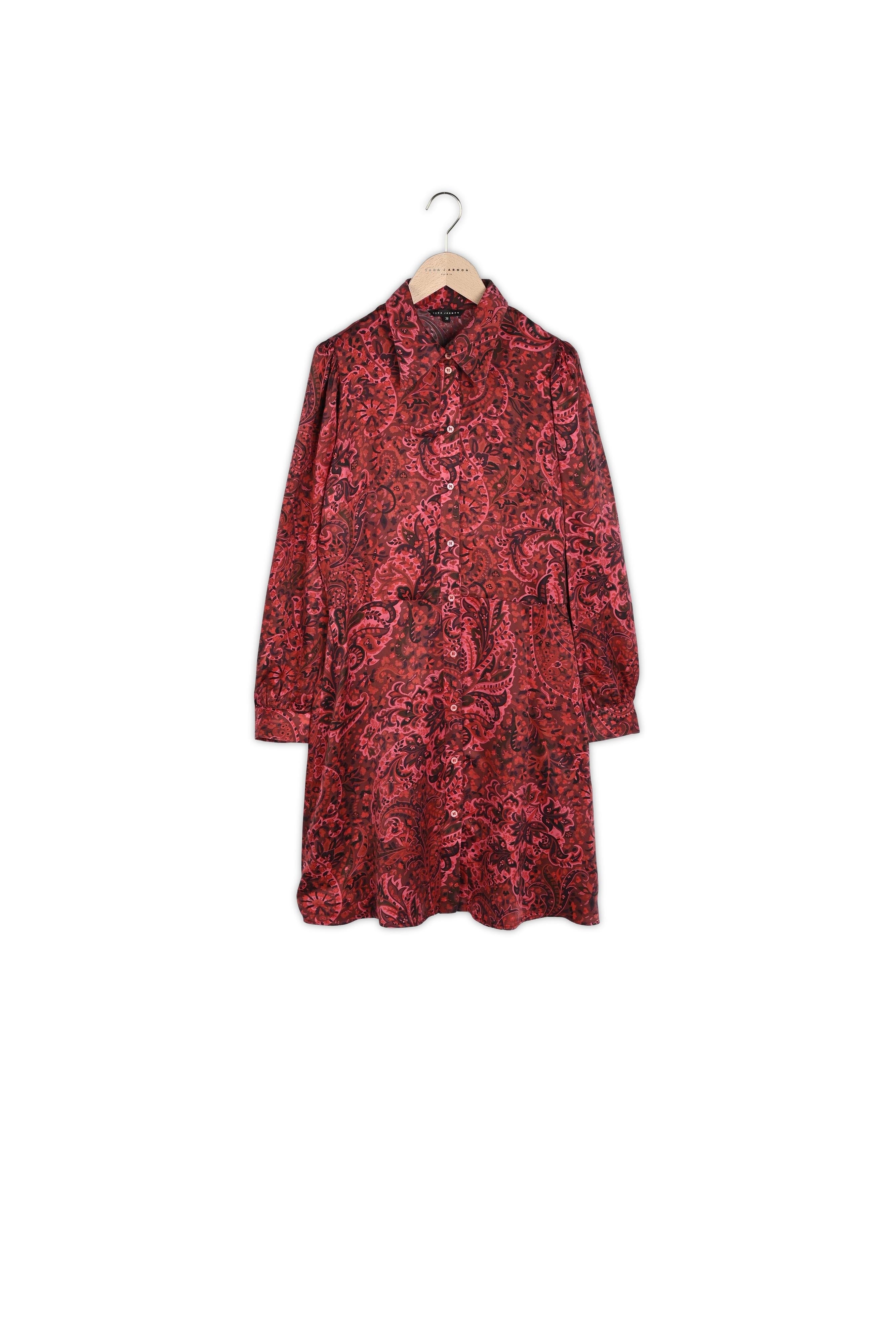 Robe chemise Rolia rouge imprimé cachemire en satin viscose de soie Faume - seconde main