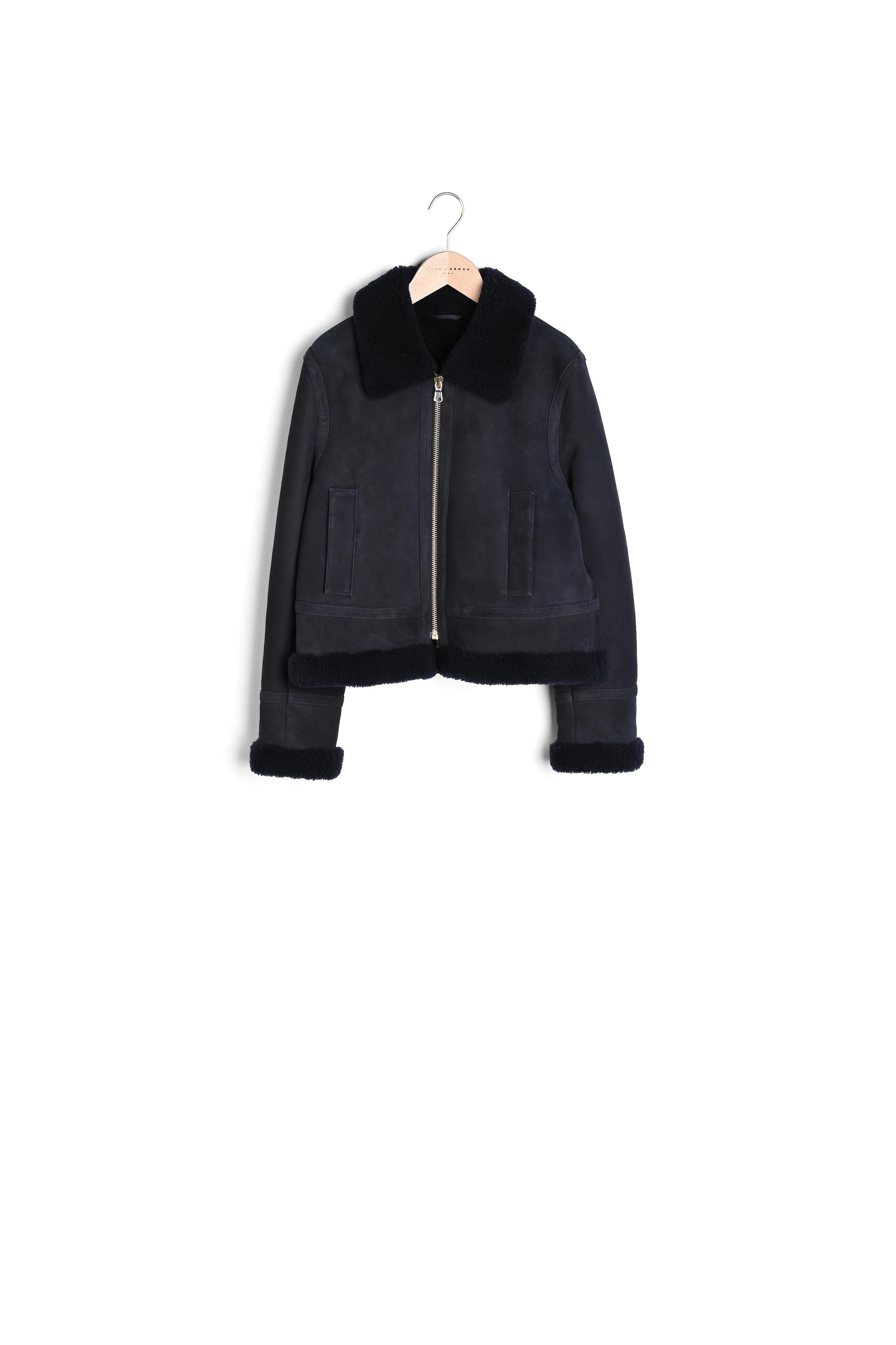 Blouson Bikie bleu marine en peau lainée Faume - seconde main