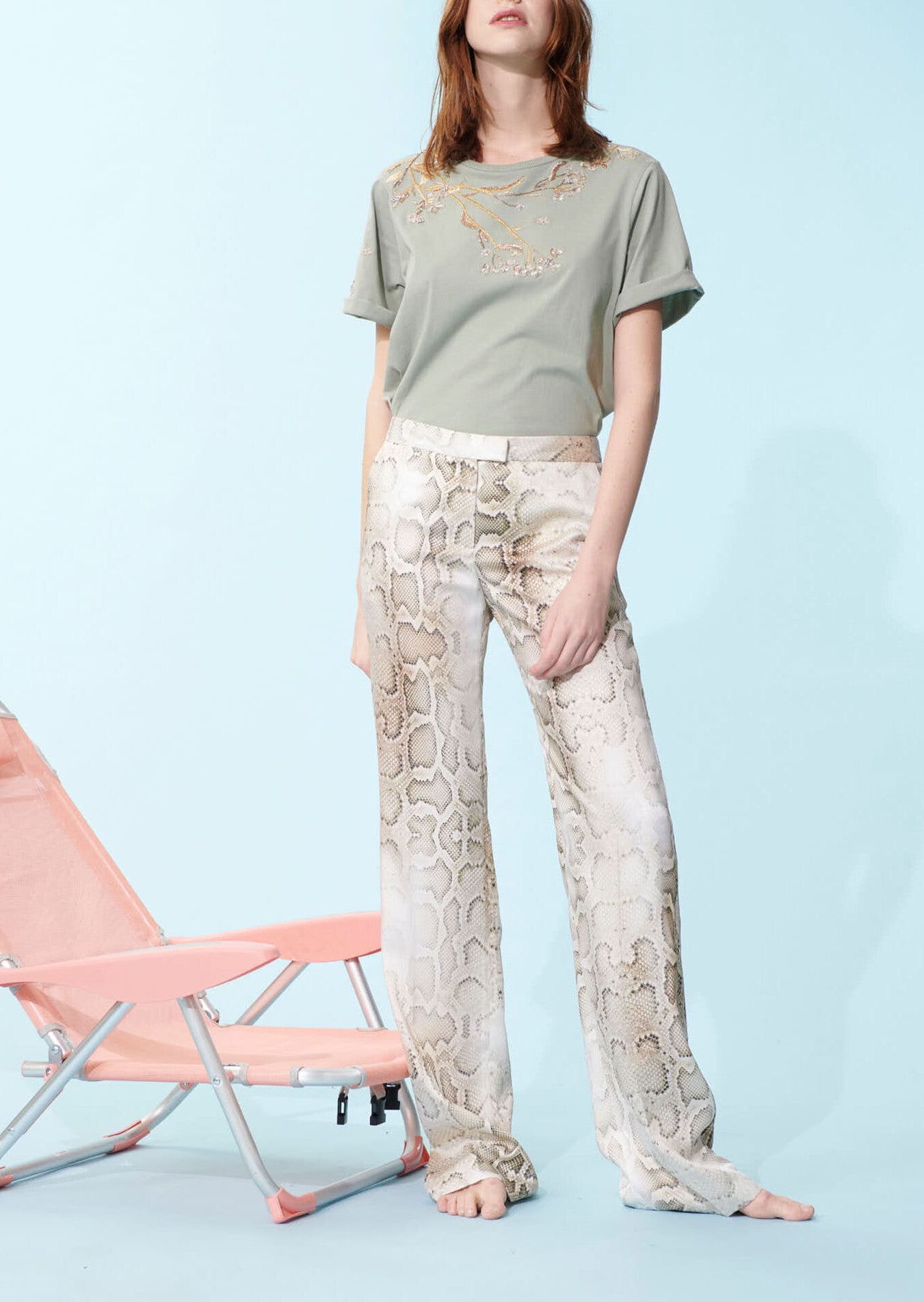 T-shirt Tresse vert pâle en coton brodé de perles Faume - seconde main