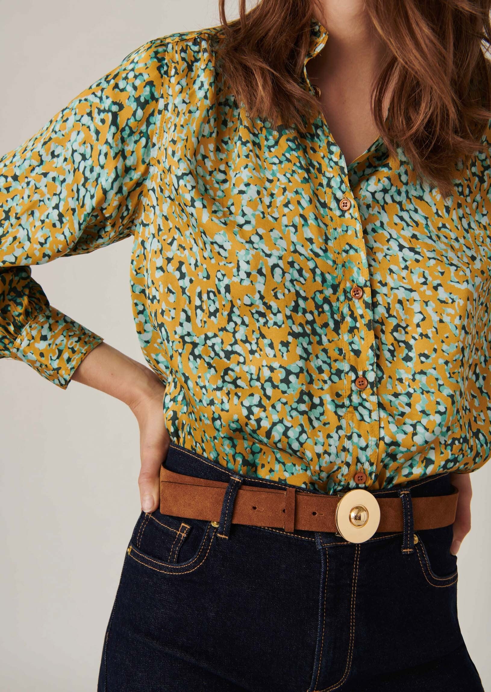 Blouse Tiberine imprimé aqua gold sur satin viscose Faume - seconde main