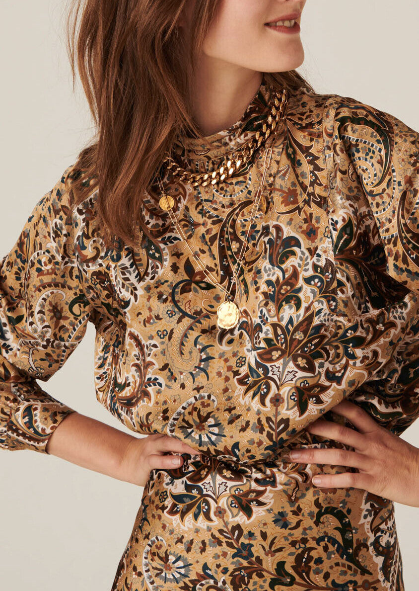 Blouse Tribeca imprimé cachemire camel sur satin viscose de soie Faume - seconde main