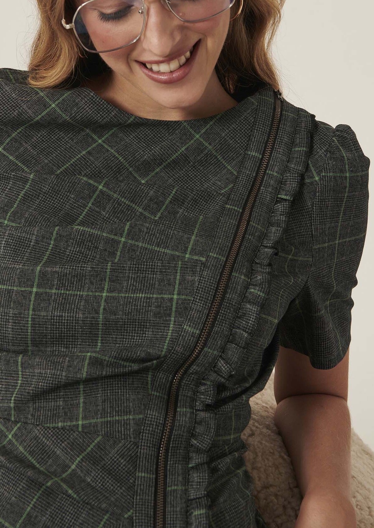 Robe République grise motif Prince de Galles vert Faume - seconde main