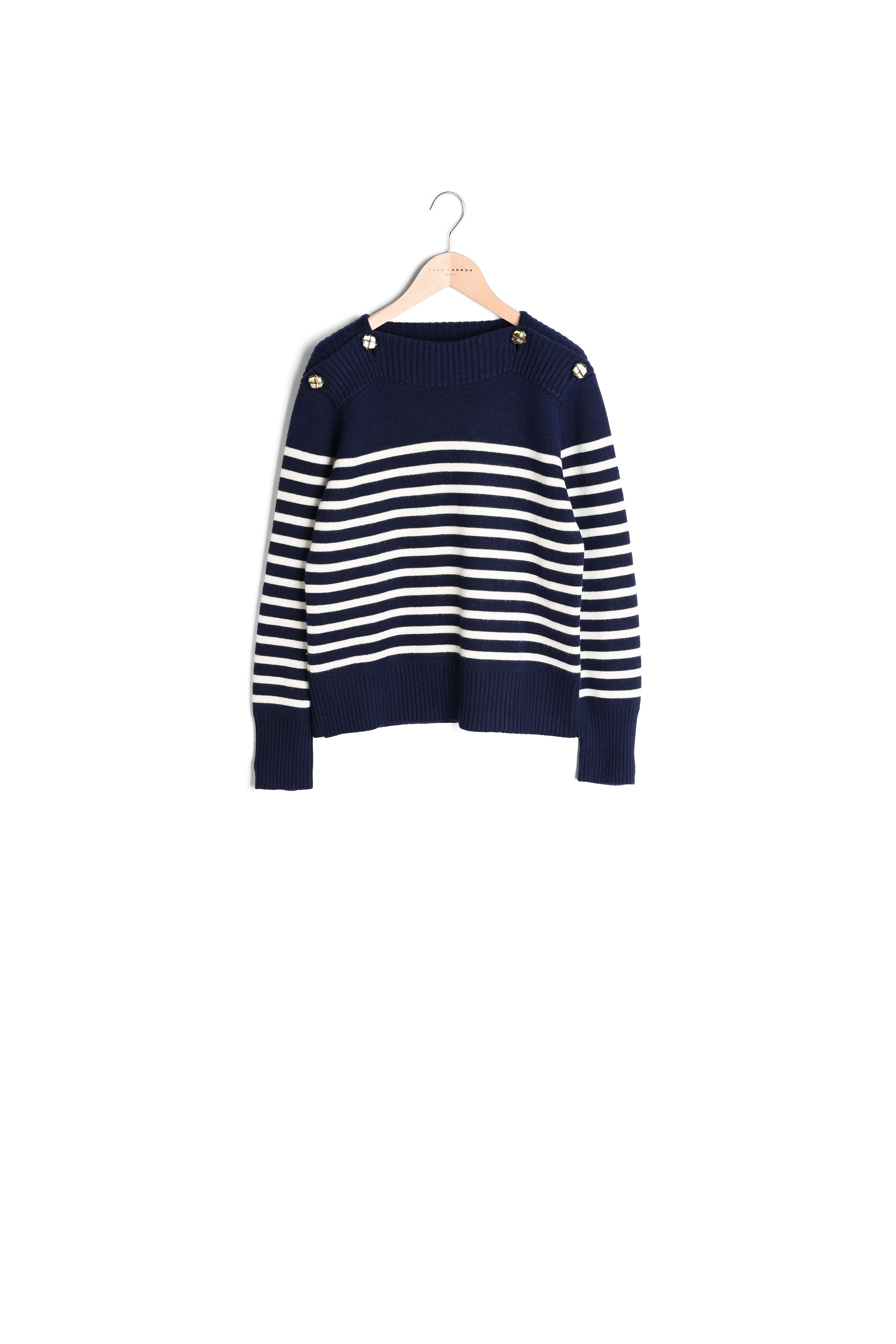 Pull Poete marinière bleu marine en laine Faume - seconde main