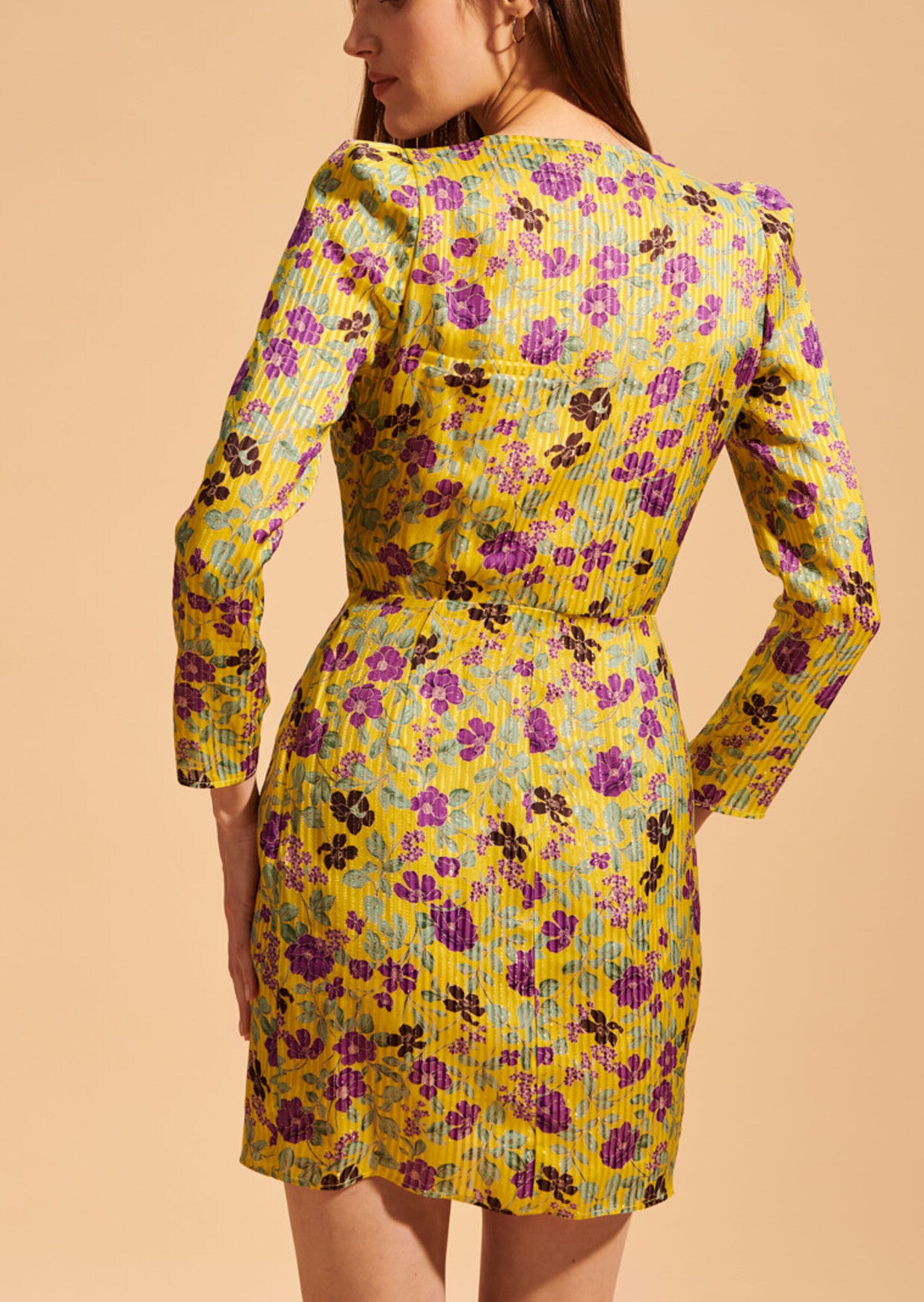 Robe courte Revelyne jaune imprimé fleurs lurex Faume - seconde main