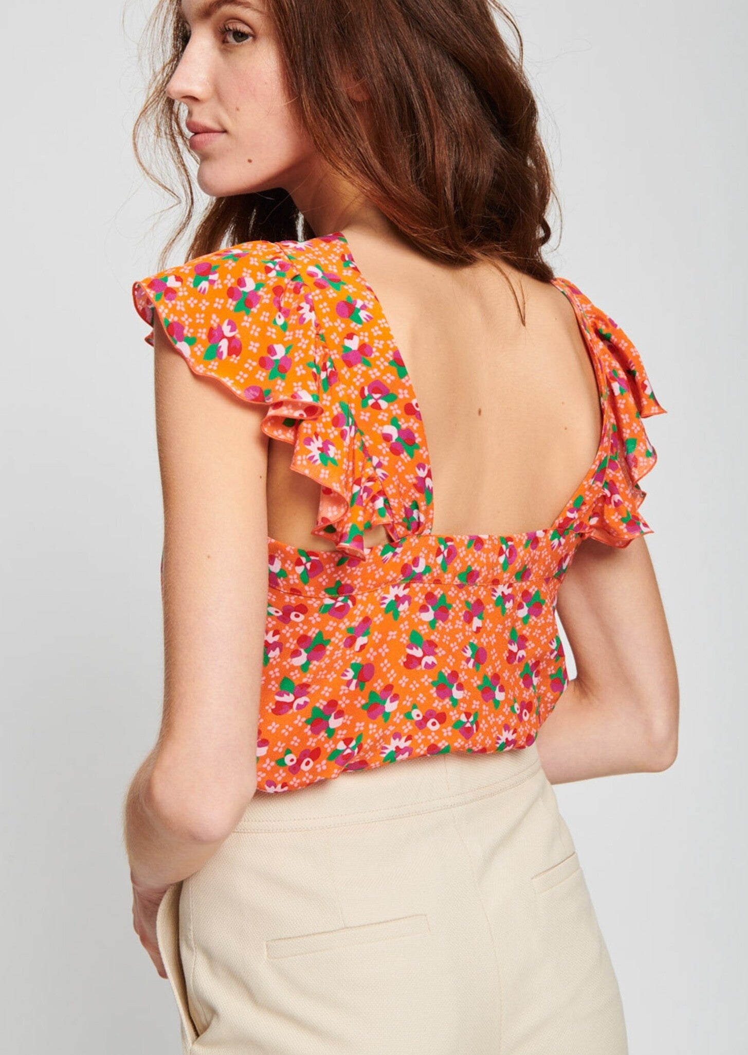 Top orange en soie imprimé cerises Faume - seconde main