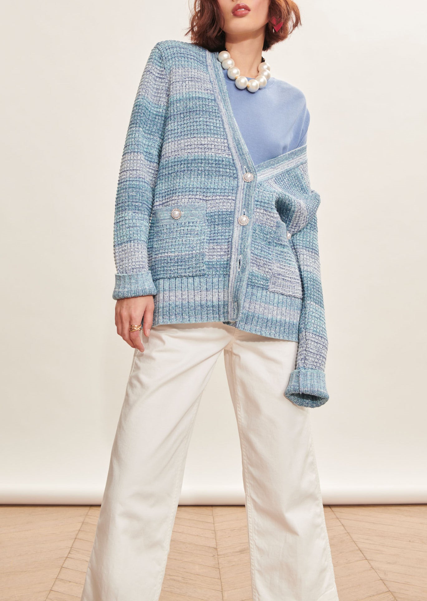 Gilet Gia bleu ciel en maille tweedée Faume - seconde main