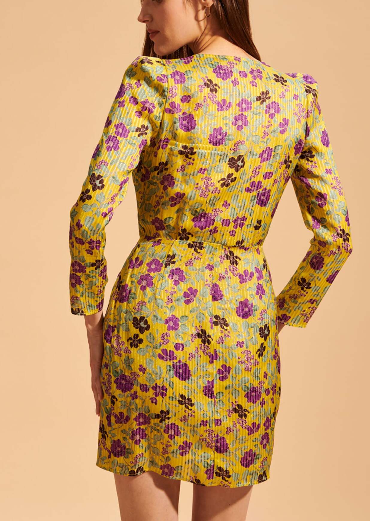 Robe courte Revelyne jaune imprimé fleurs lurex Faume - seconde main