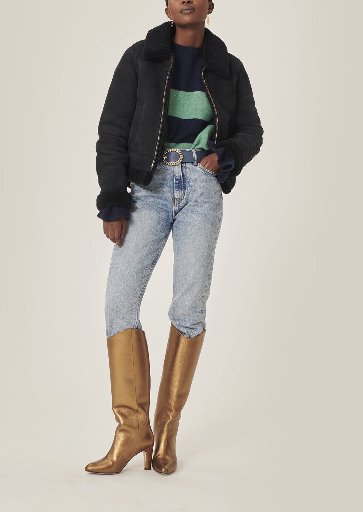 Blouson Bikie bleu marine en peau lainée Faume - seconde main