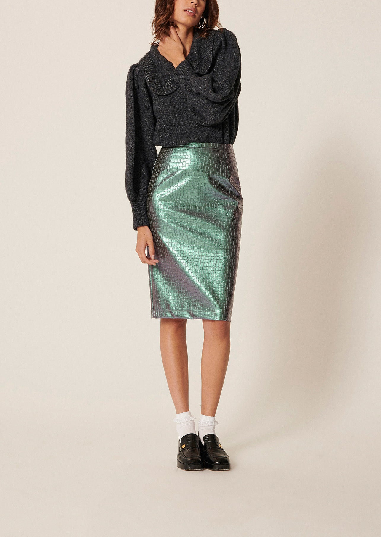 Jupe Jacquetta gris irisé imitation croco Faume - seconde main