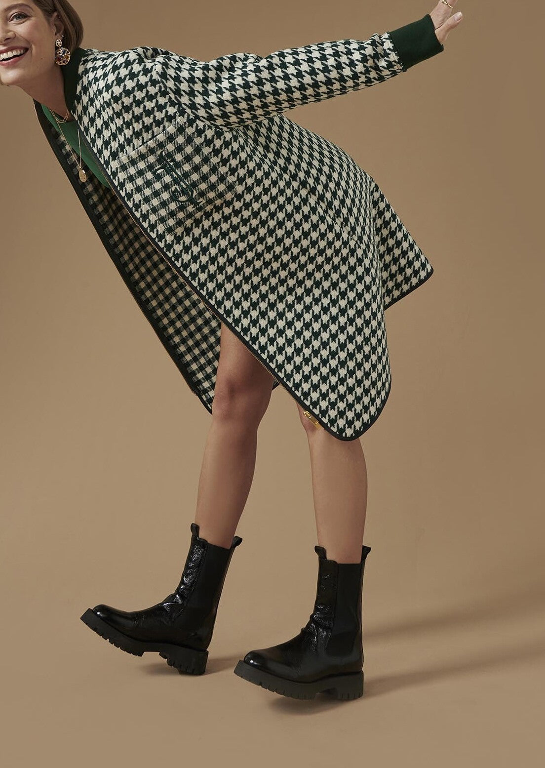 Manteau Munch vert pied de coq bicolor en laine Faume - seconde main