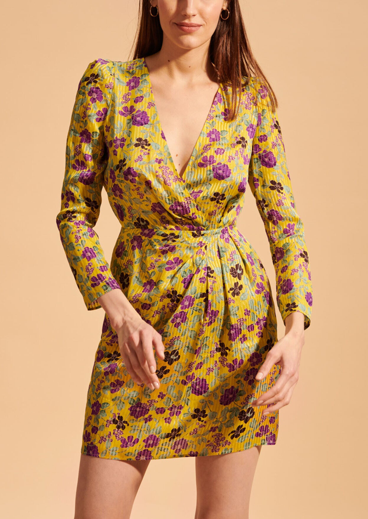 Robe courte Revelyne jaune imprimé fleurs lurex Faume - seconde main