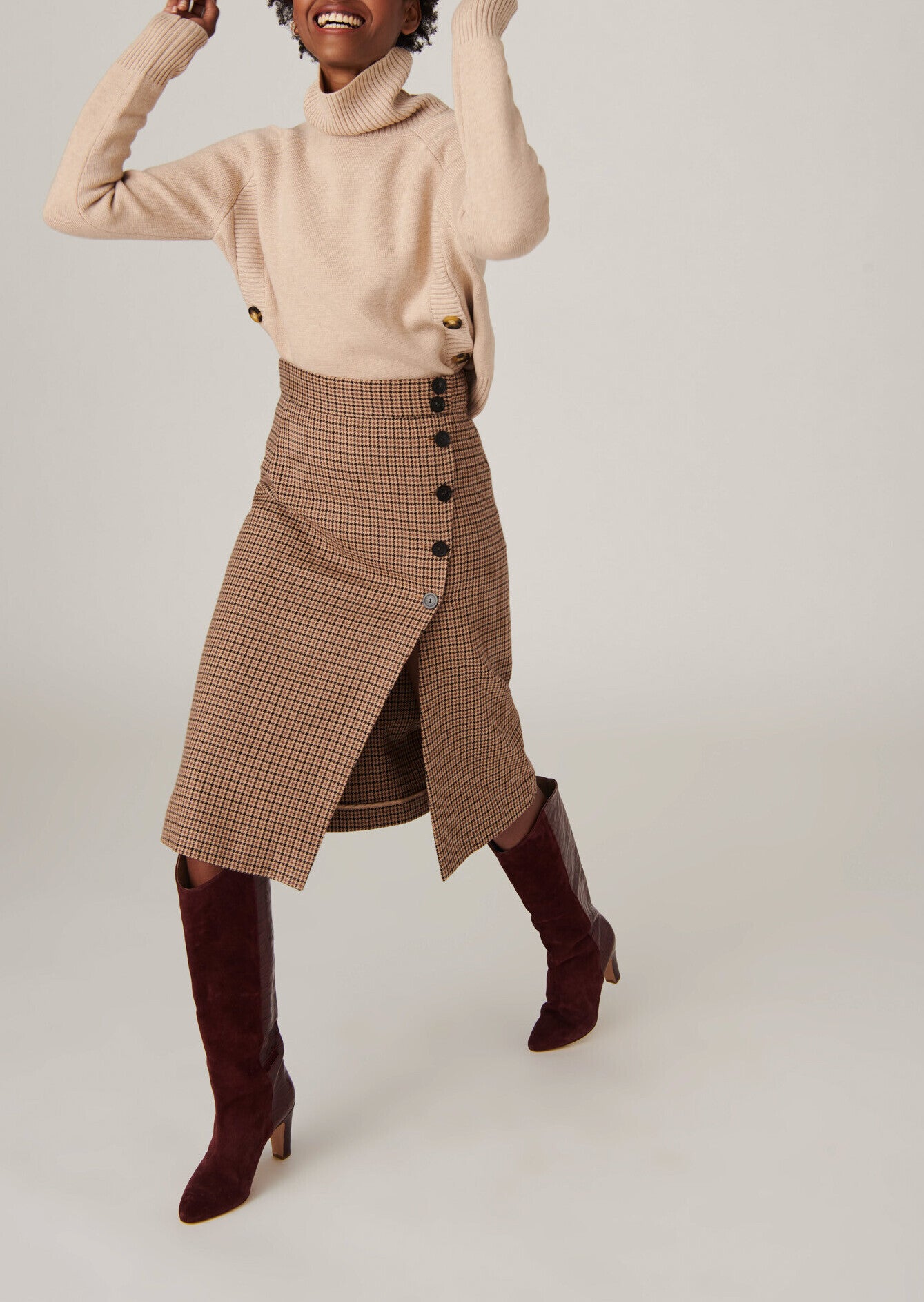 Jupe portefeuille Jicaron en pied-de-coq sable Faume - seconde main