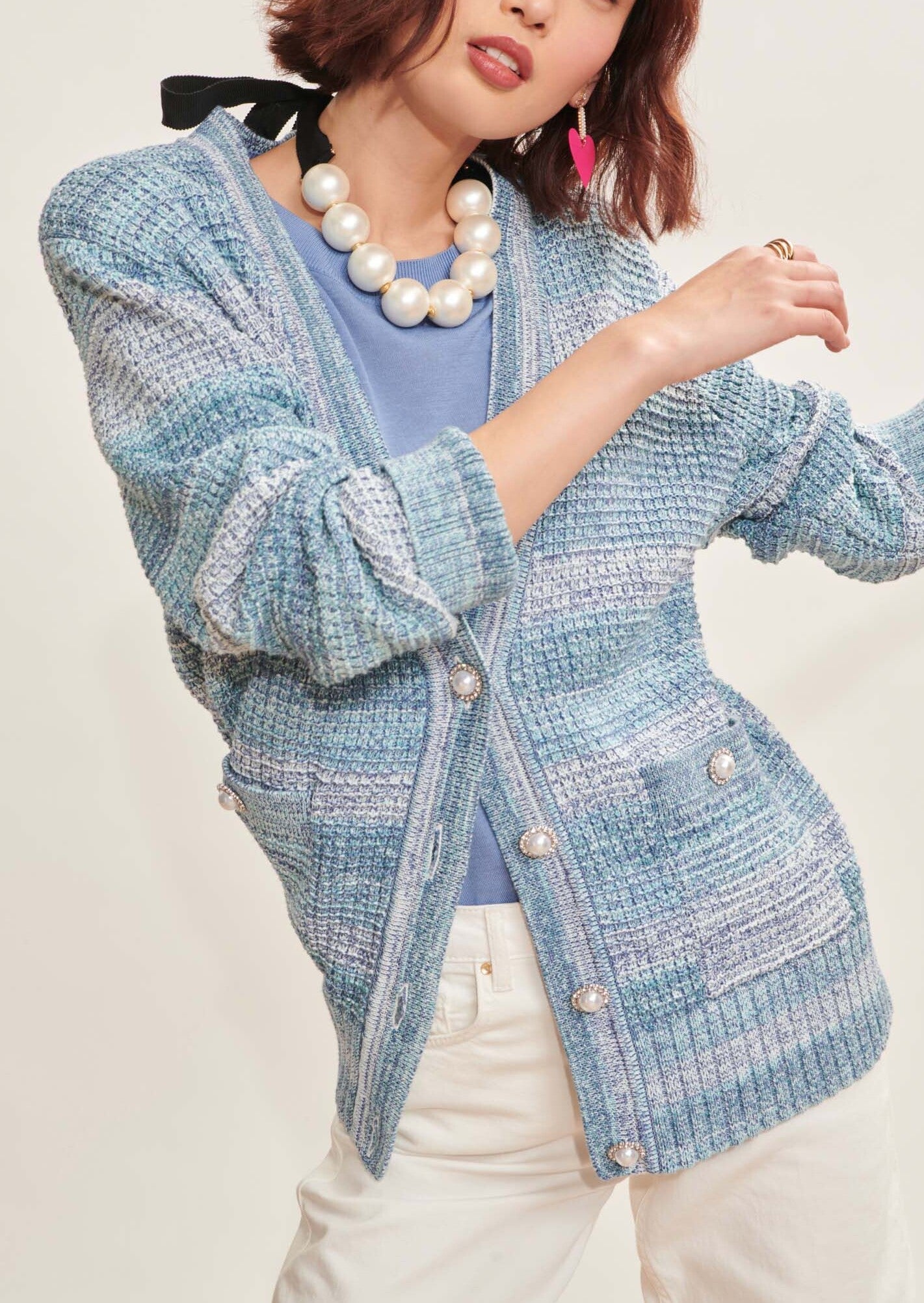 Gilet Gia bleu ciel en maille tweedée Faume - seconde main