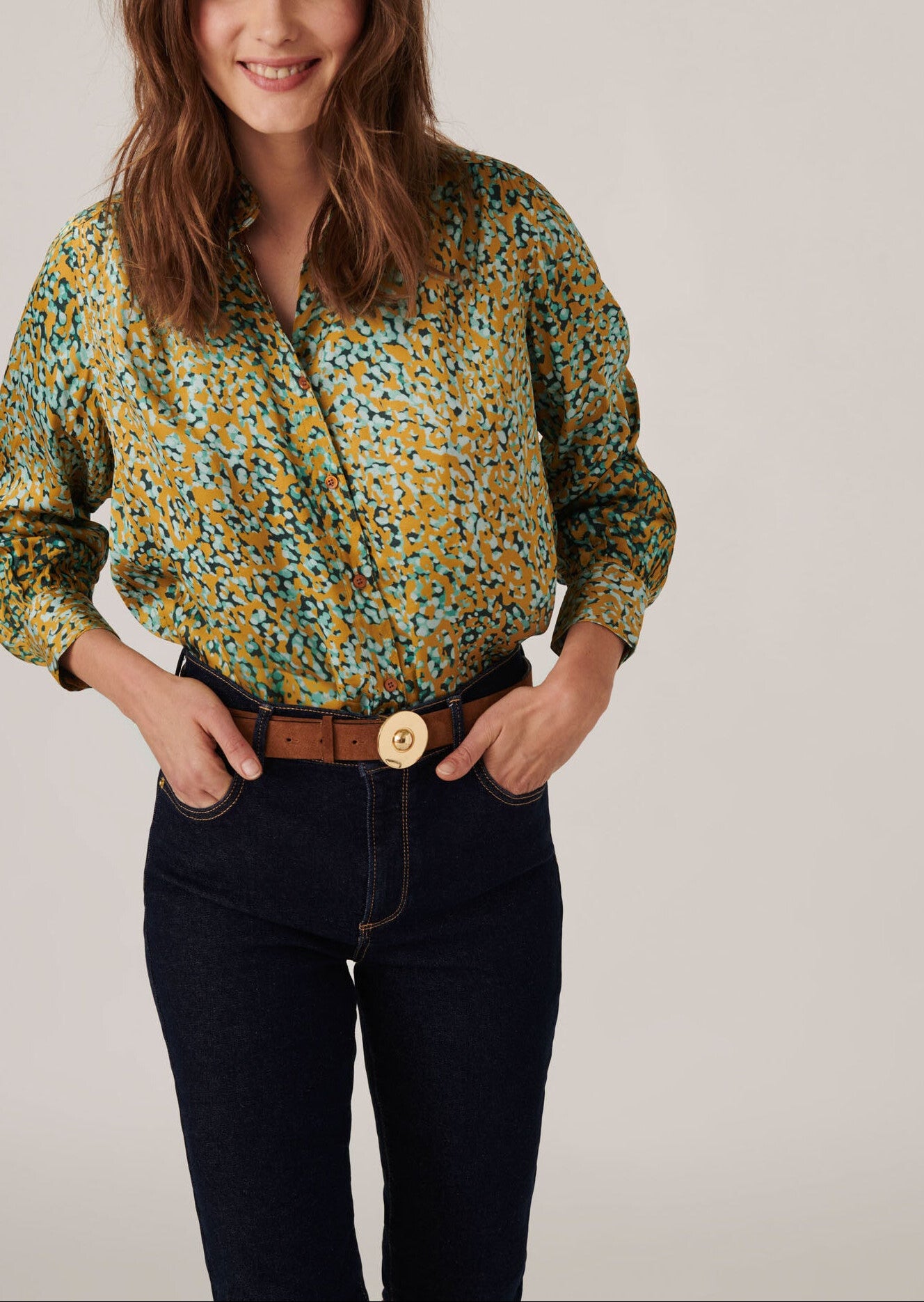 Blouse Tiberine imprimé aqua gold sur satin viscose Faume - seconde main