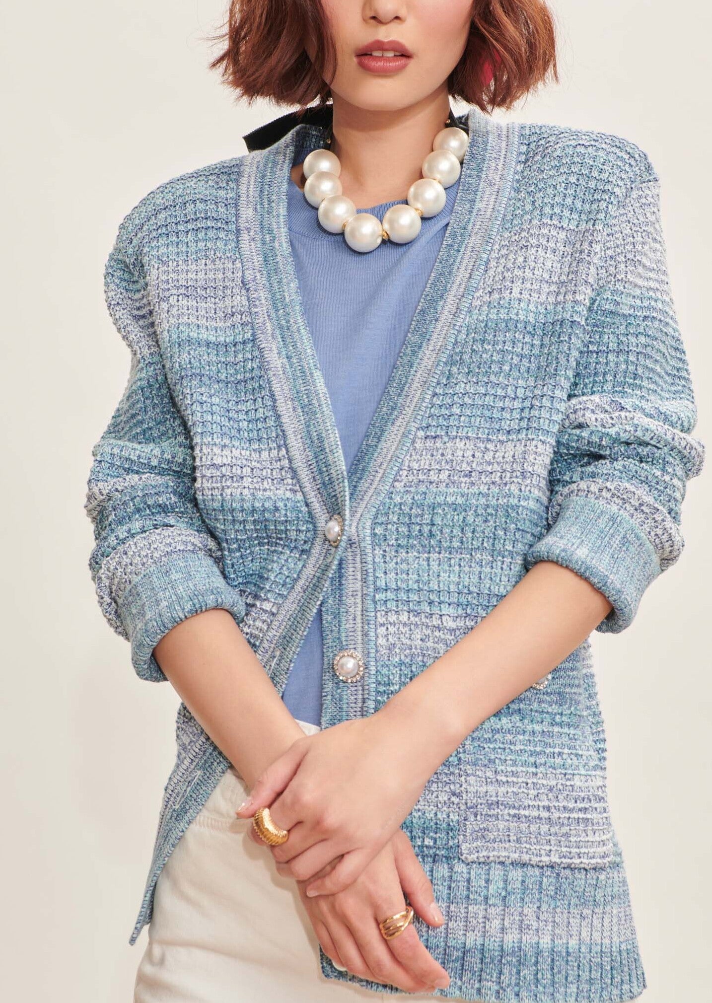 Gilet Gia bleu ciel en maille tweedée Faume - seconde main