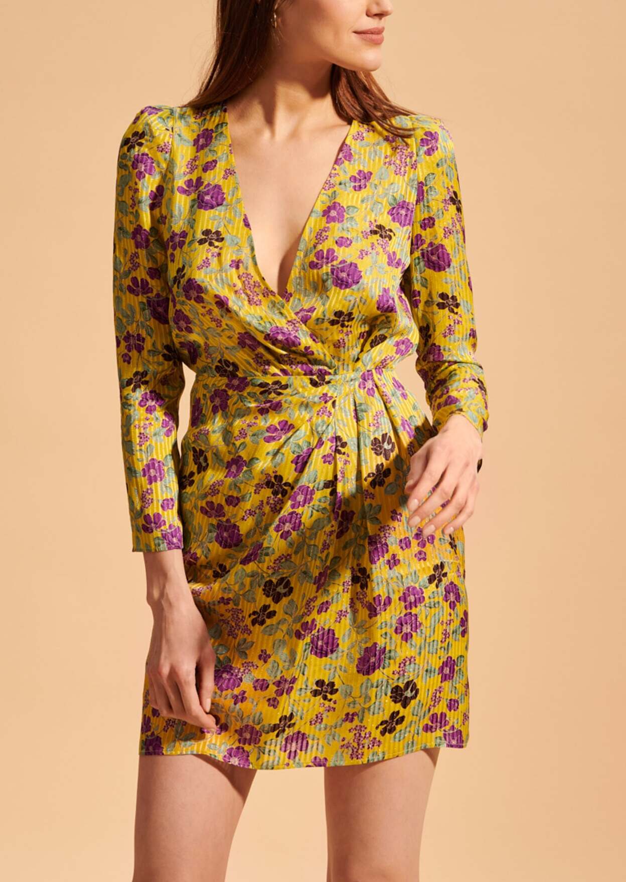 Robe courte Revelyne jaune imprimé fleurs lurex Faume - seconde main