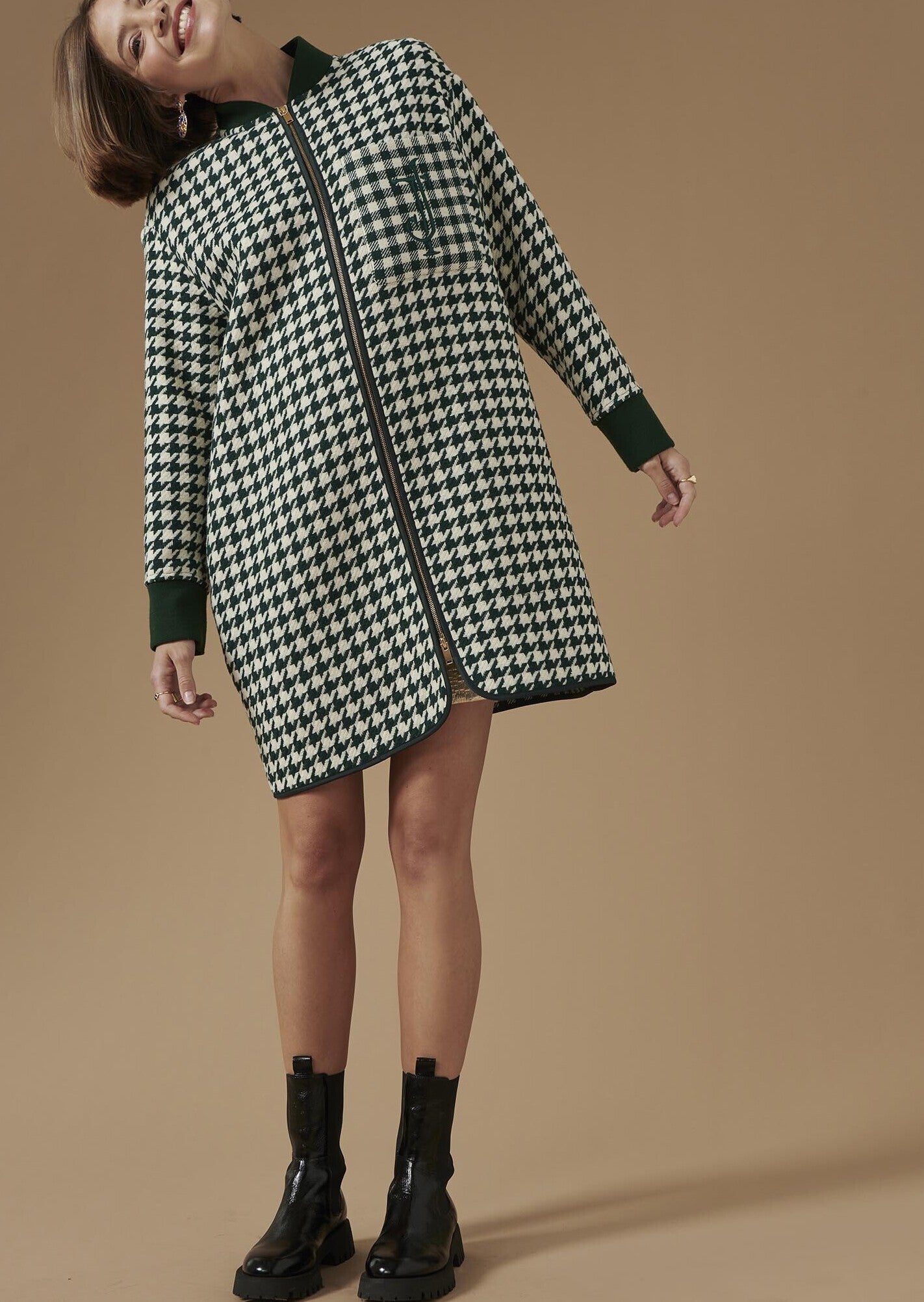 Manteau Munch vert pied de coq bicolor en laine Faume - seconde main